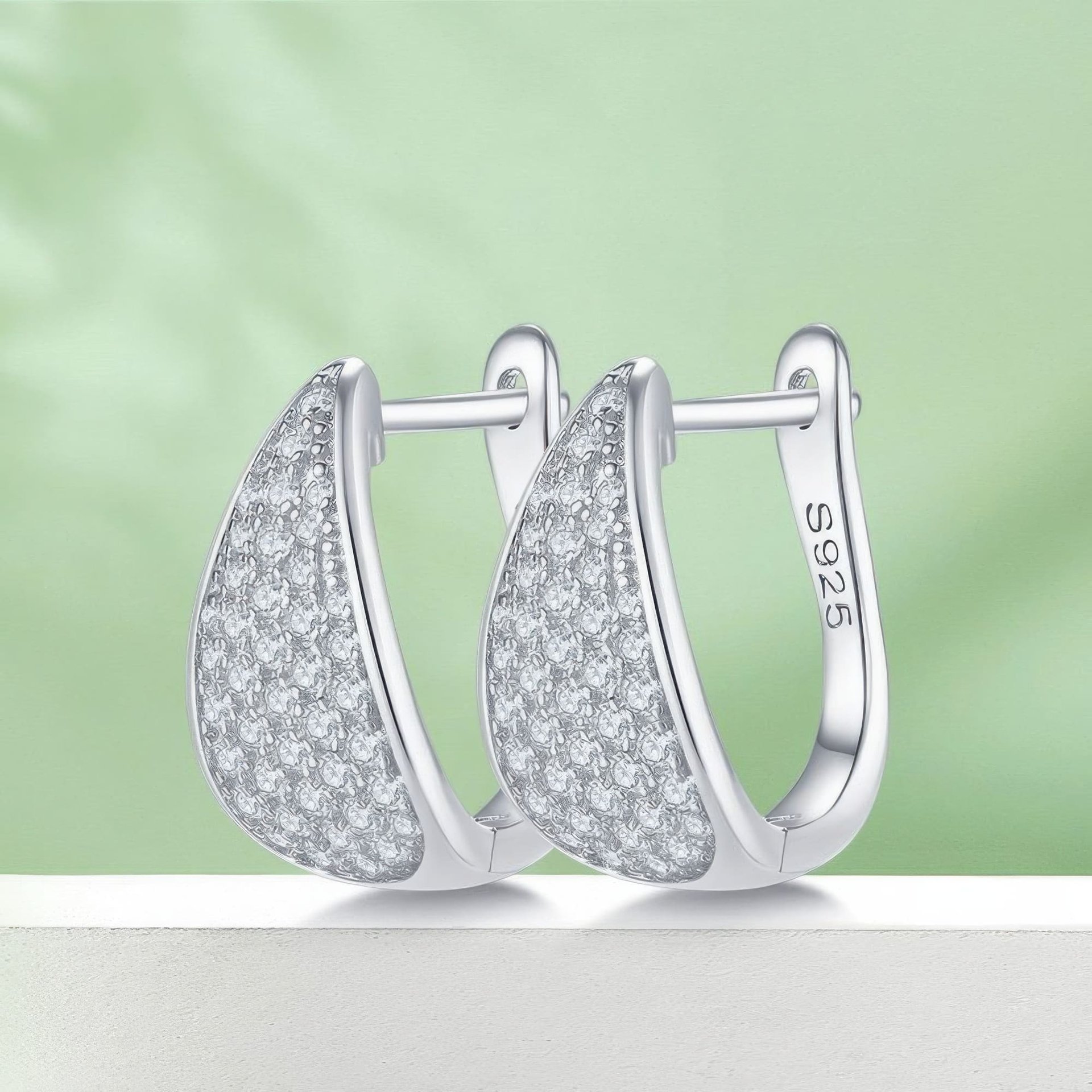 Pavé Moissanite Huggie Hoop Earrings | 925 Sterling Silver | Tapered U-Shape Cluster - Image 3