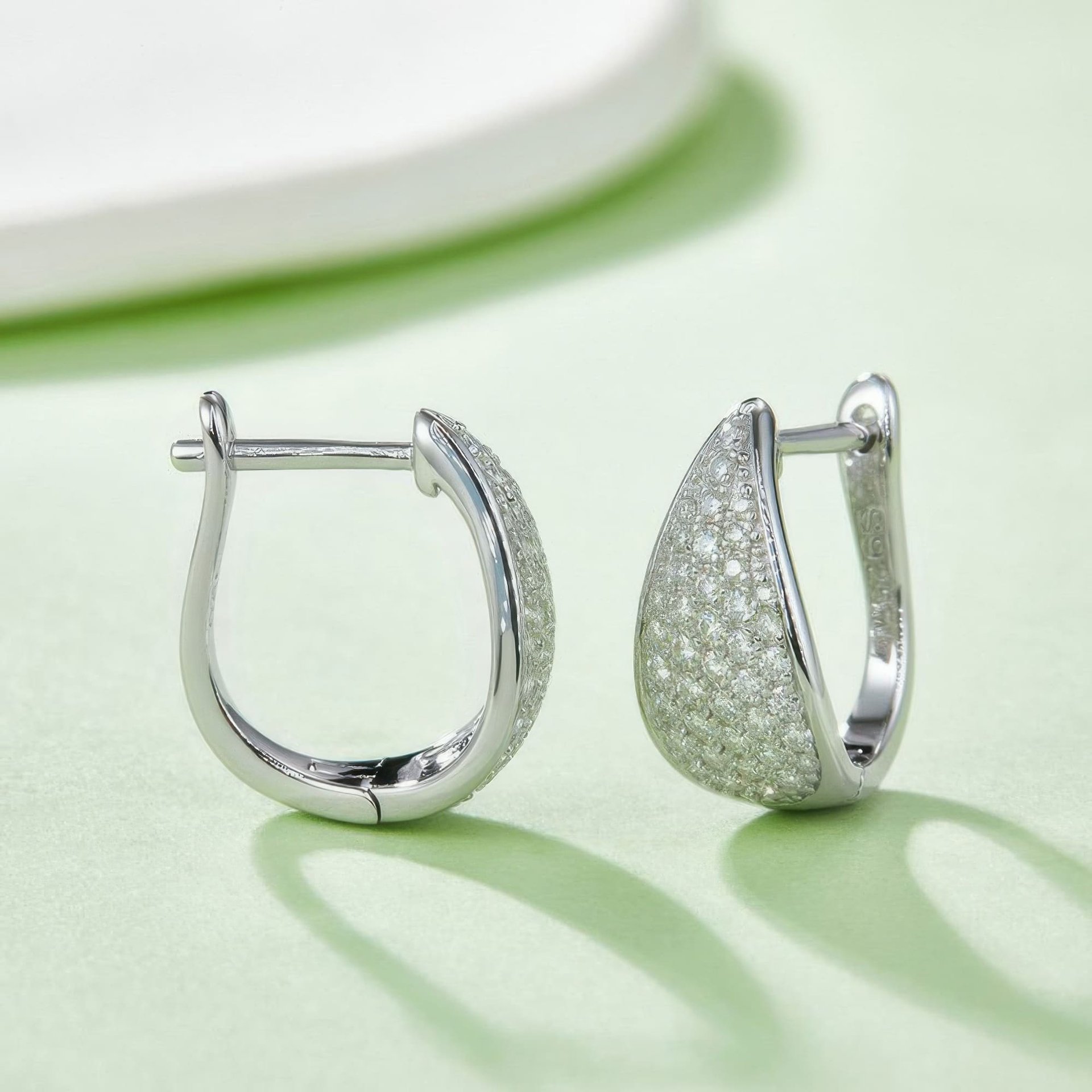 Pavé Moissanite Huggie Hoop Earrings | 925 Sterling Silver | Tapered U-Shape Cluster - Image 2