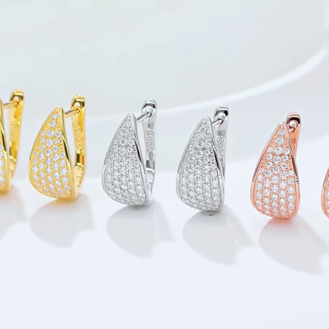 Pavé Moissanite Huggie Hoop Earrings | 925 Sterling Silver | Tapered U-Shape Cluster product video thumbnail