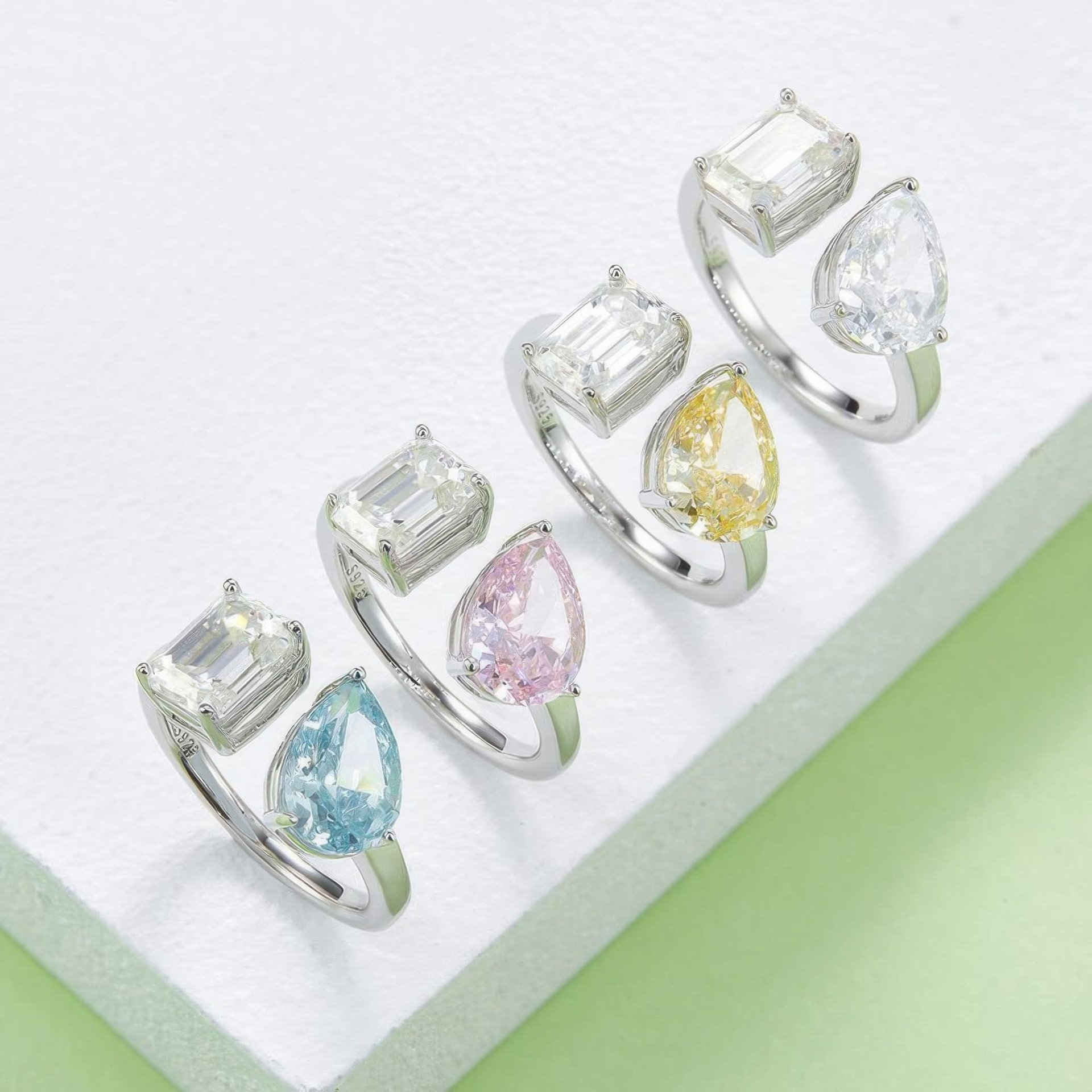 Toi et Moi Moissanite Ring | Emerald-Cut & Pear Dual Stone | Open Bypass 925 Sterling Silver - Image 5