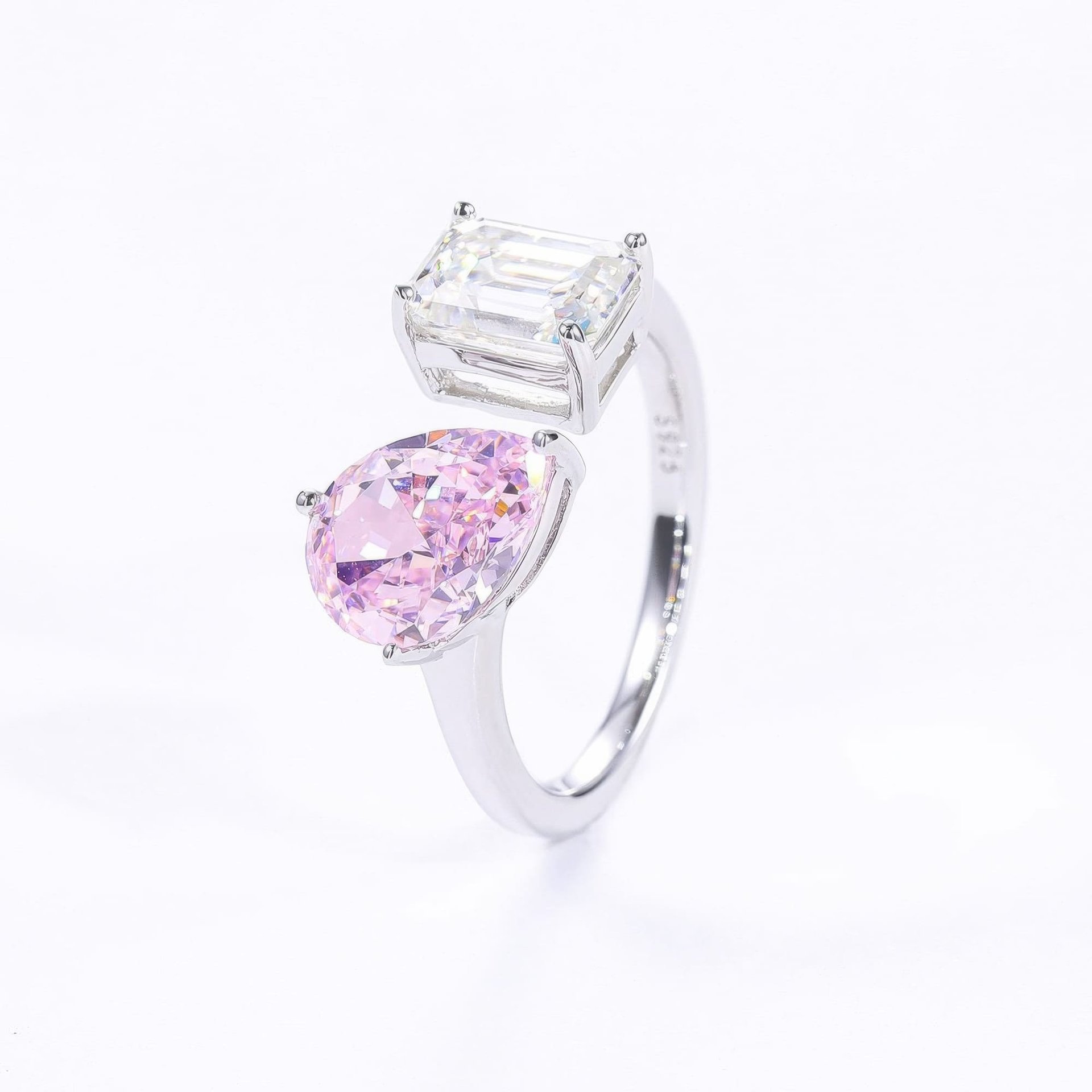 Toi et Moi Moissanite Ring | Emerald-Cut & Pear Dual Stone | Open Bypass 925 Sterling Silver - Image 6