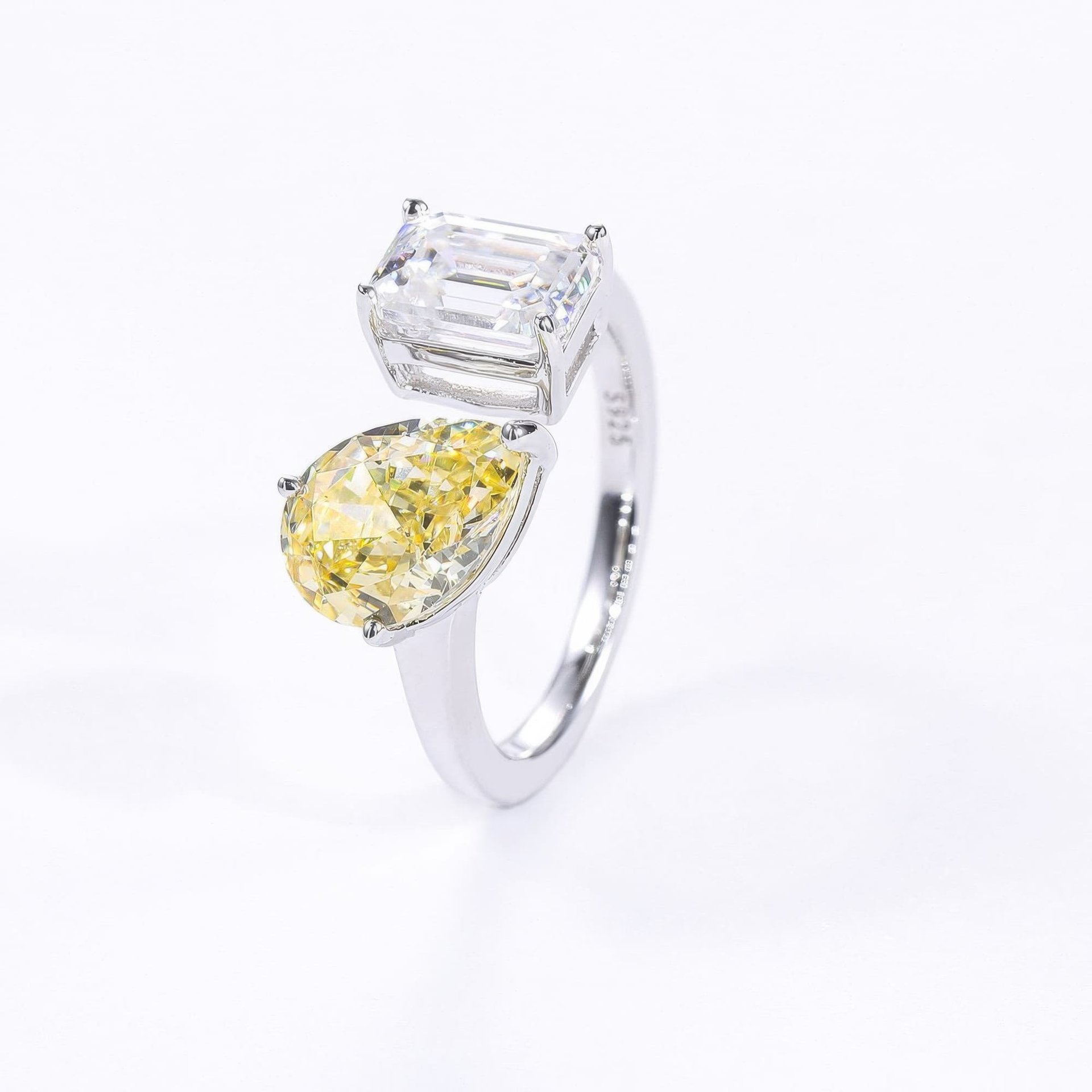 Toi et Moi Moissanite Ring | Emerald-Cut & Pear Dual Stone | Open Bypass 925 Sterling Silver - Image 8