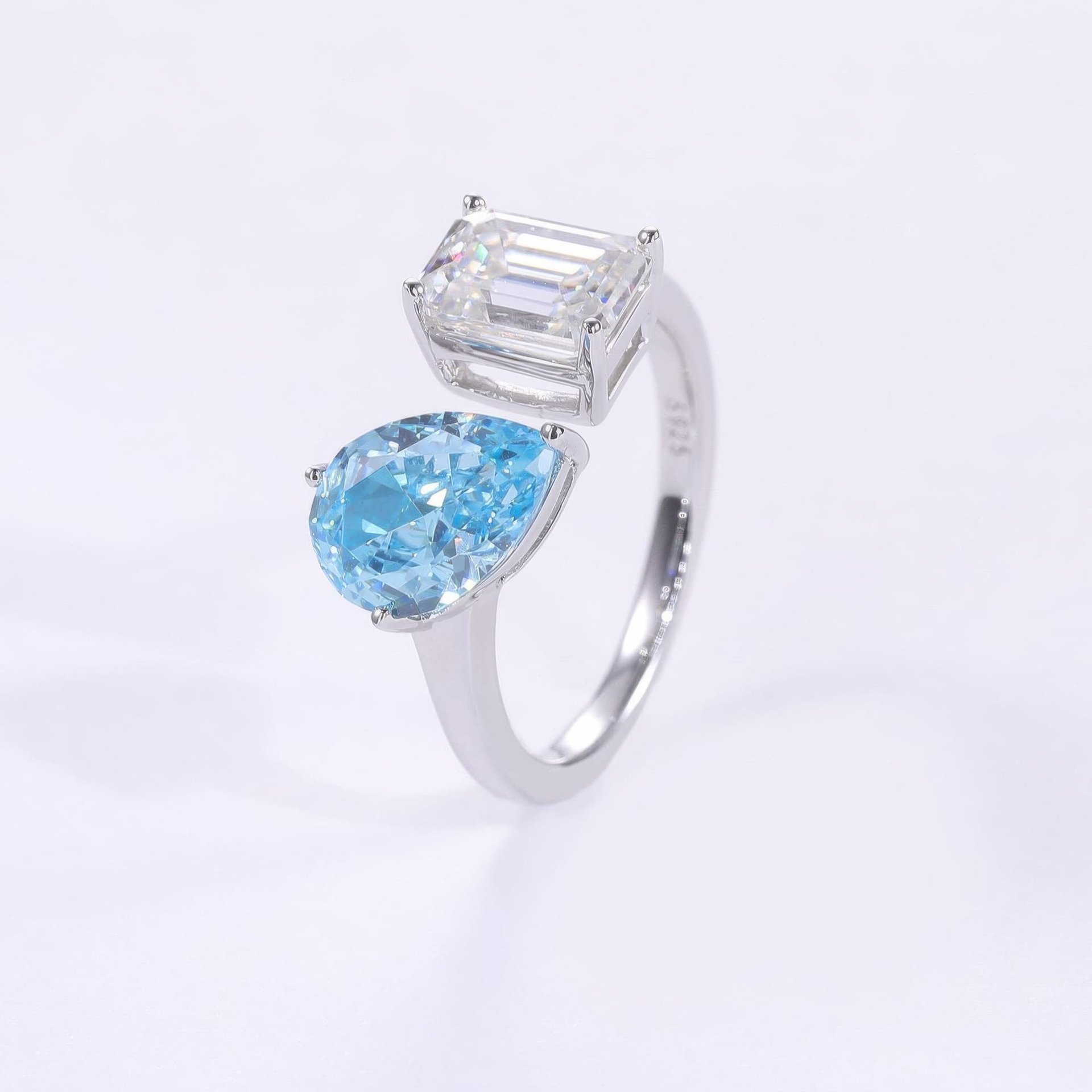 Toi et Moi Moissanite Ring | Emerald-Cut & Pear Dual Stone | Open Bypass 925 Sterling Silver - Image 10