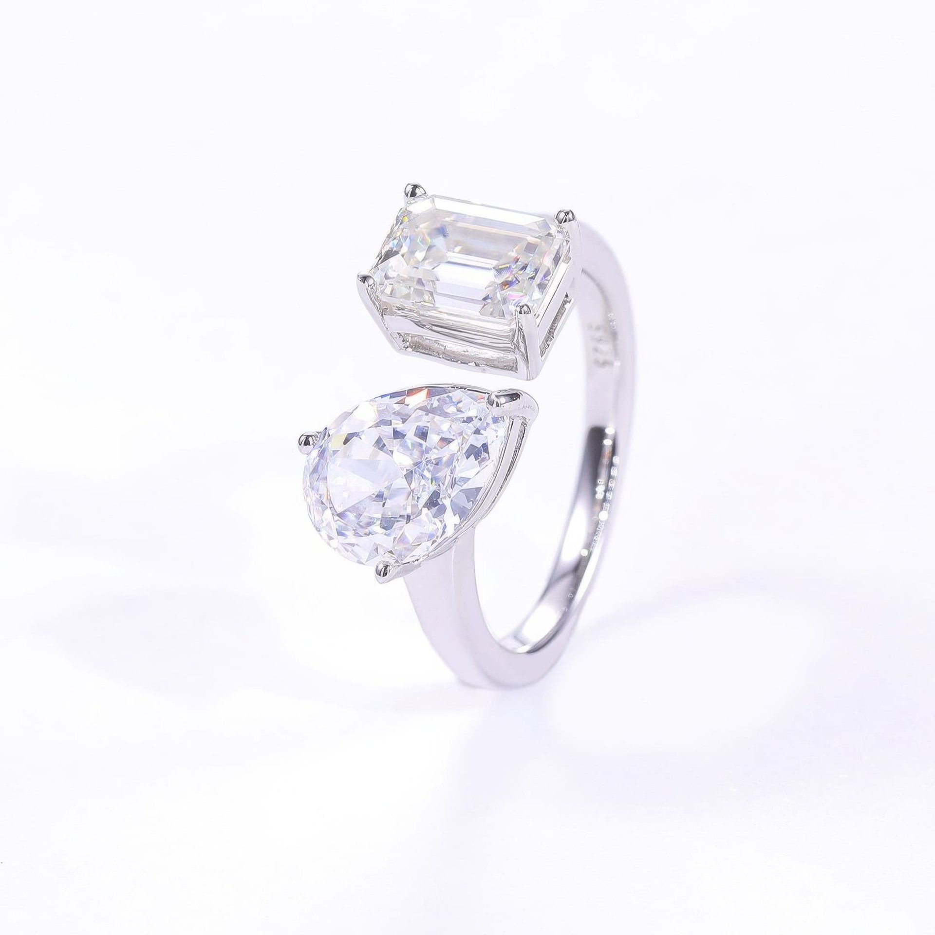 Toi et Moi Moissanite Ring | Emerald-Cut & Pear Dual Stone | Open Bypass 925 Sterling Silver - Image 3