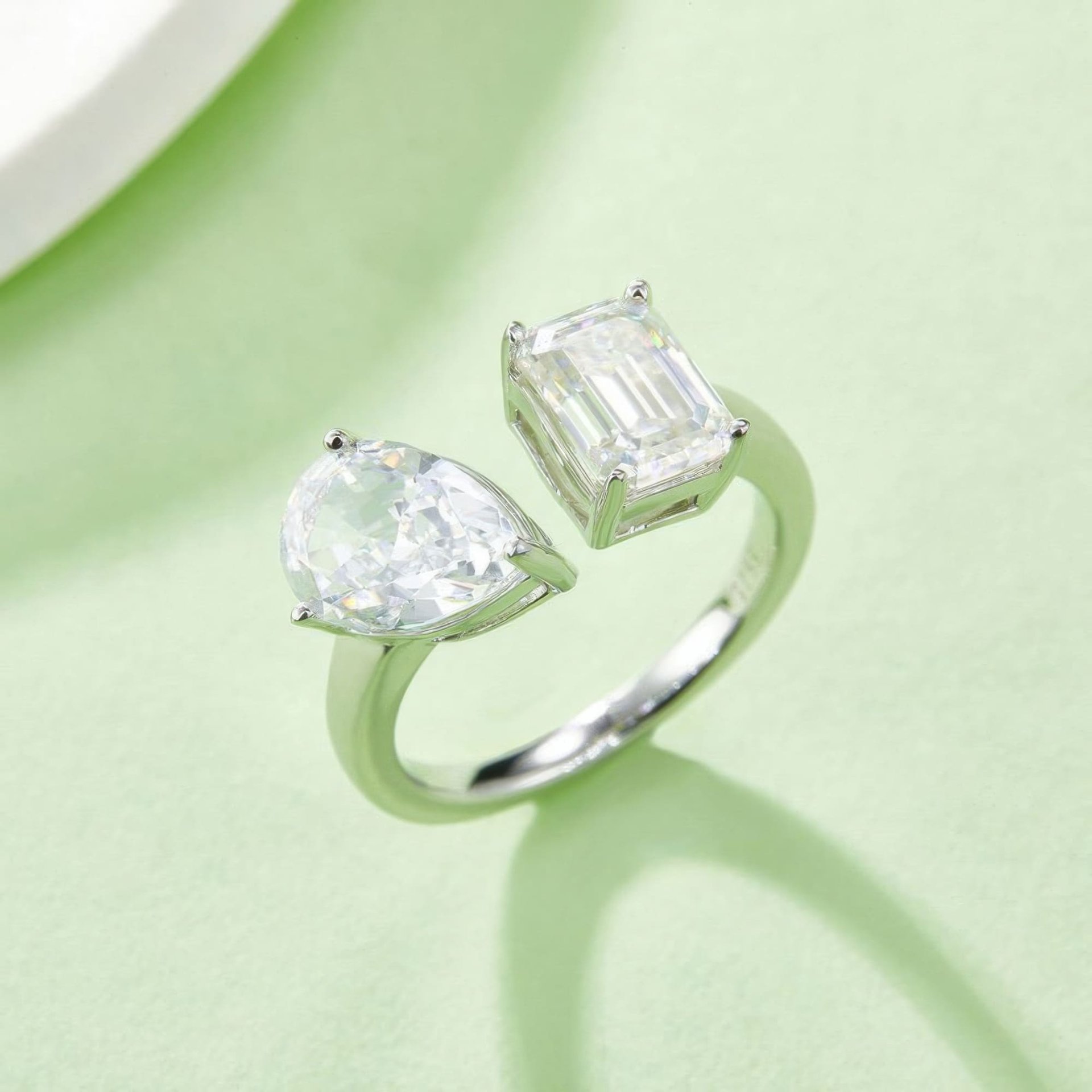 Toi et Moi Moissanite Ring | Emerald-Cut & Pear Dual Stone | Open Bypass 925 Sterling Silver - alternate view