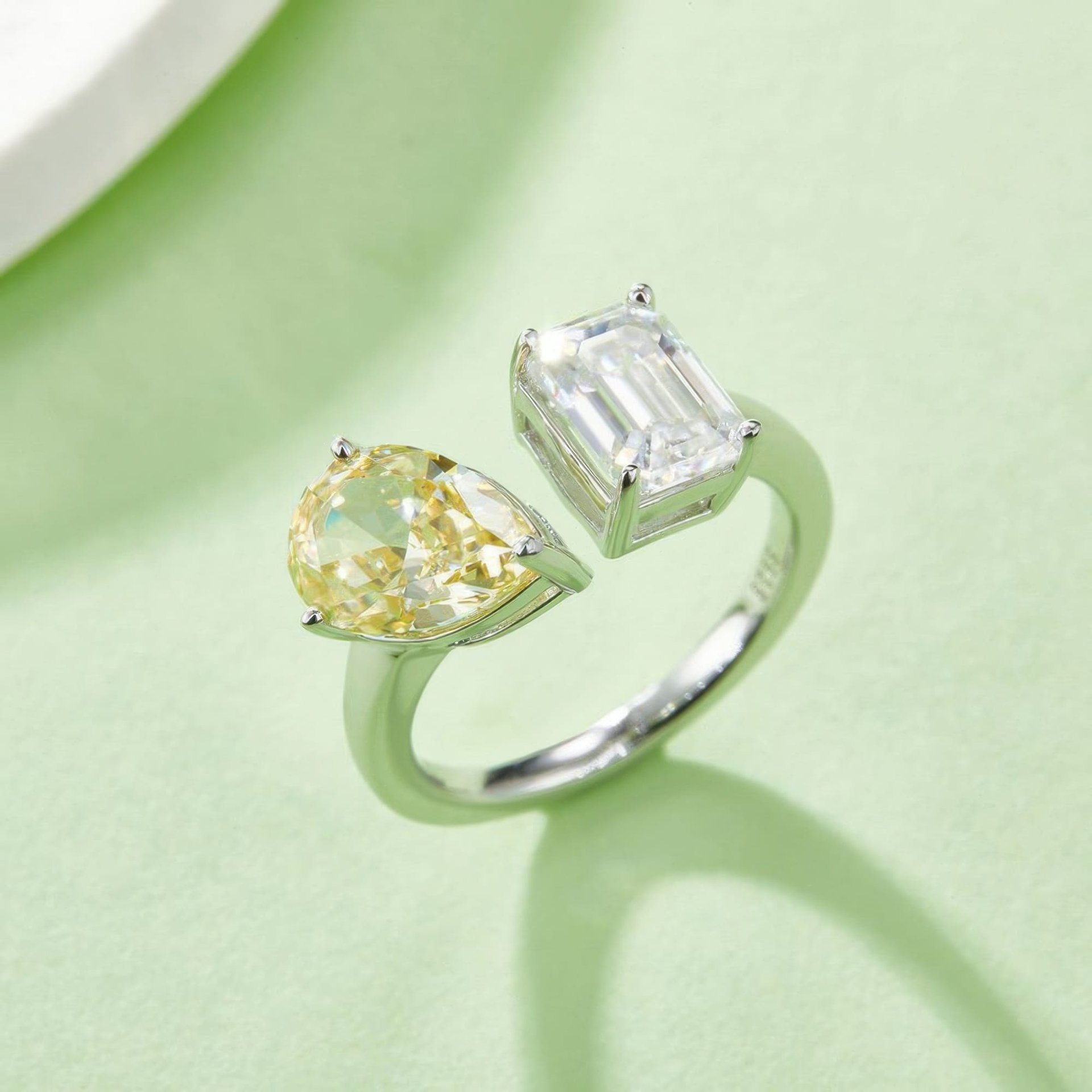 Toi et Moi Moissanite Ring | Emerald-Cut & Pear Dual Stone | Open Bypass 925 Sterling Silver - Image 9