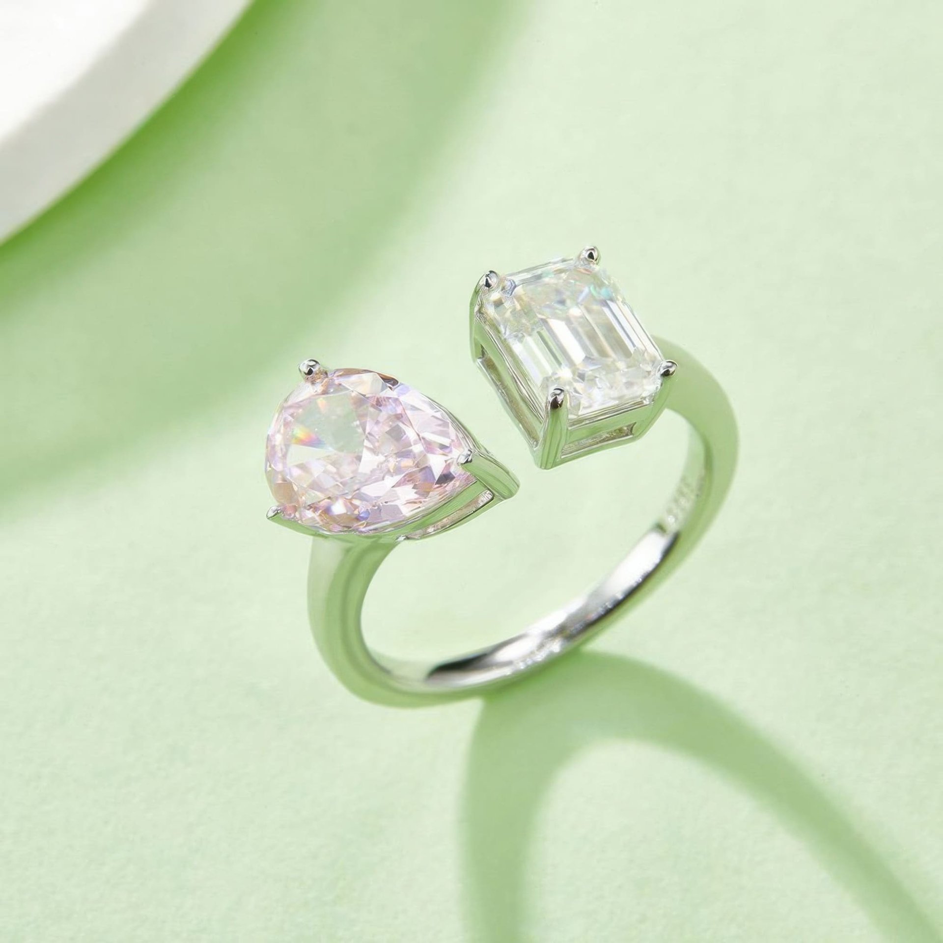 Toi et Moi Moissanite Ring | Emerald-Cut & Pear Dual Stone | Open Bypass 925 Sterling Silver - Image 7