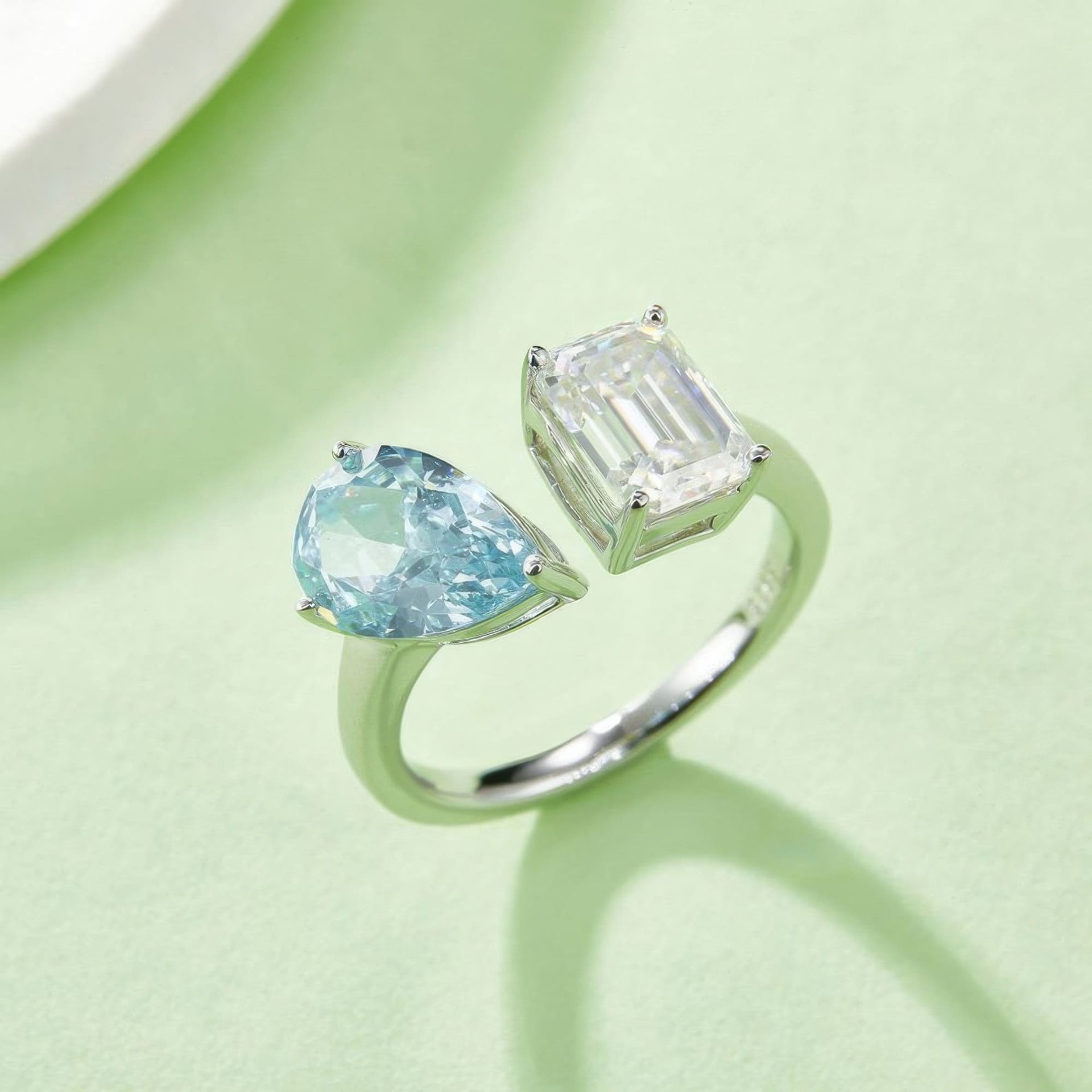 Toi et Moi Moissanite Ring | Emerald-Cut & Pear Dual Stone | Open Bypass 925 Sterling Silver - Image 11