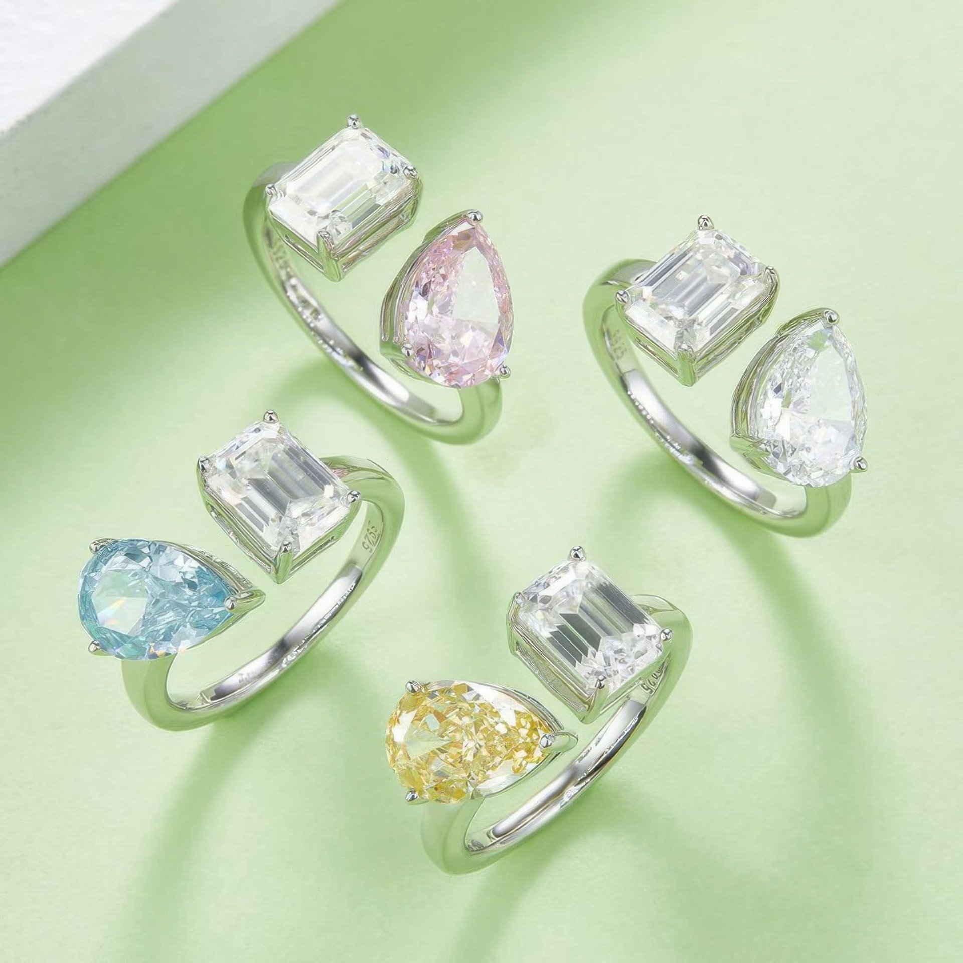 Toi et Moi Moissanite Ring | Emerald-Cut & Pear Dual Stone | Open Bypass 925 Sterling Silver - Image 4