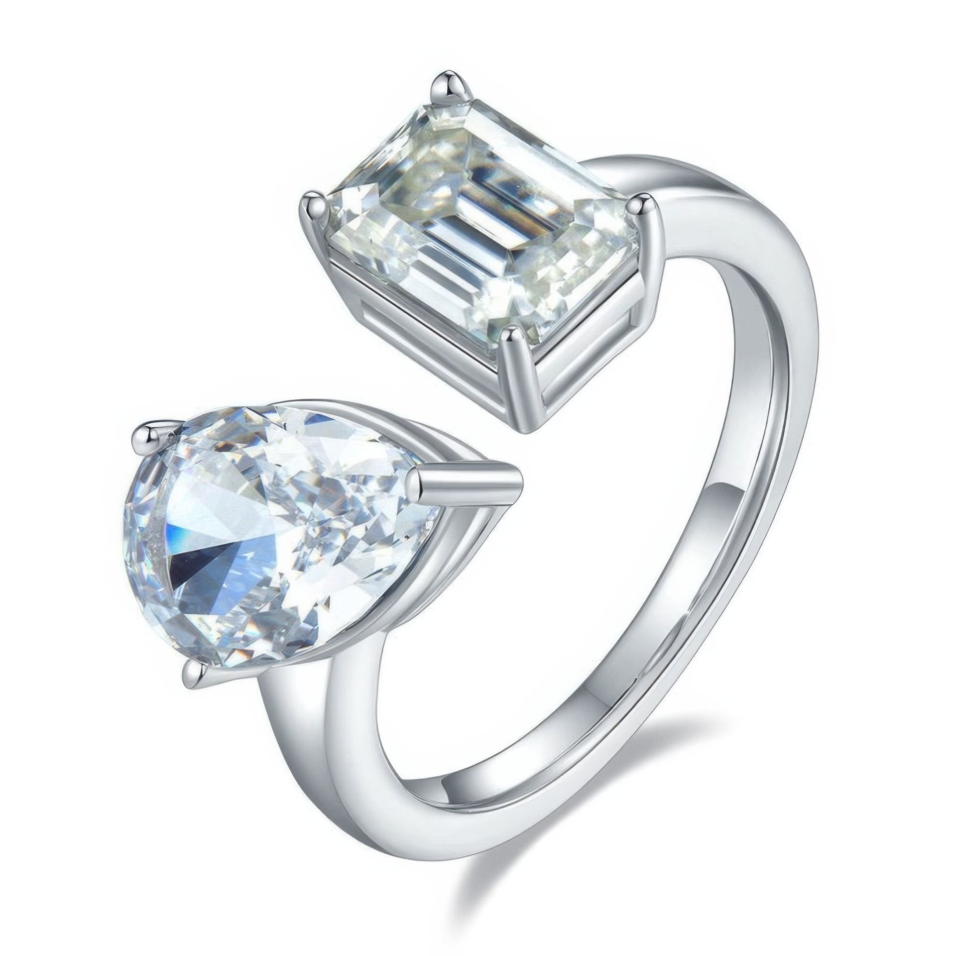 Toi et Moi Moissanite Ring | Emerald-Cut & Pear Dual Stone | Open Bypass 925 Sterling Silver