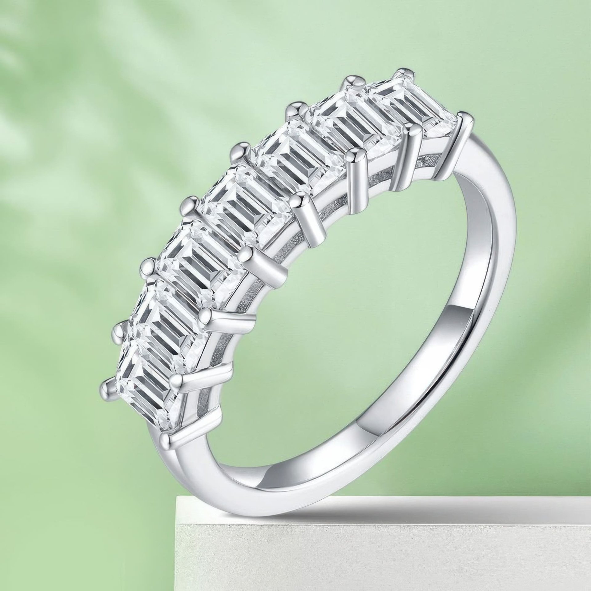 Emerald-Cut Moissanite Half-Eternity Band | 2.1ct DEW Seven-Stone 925 Sterling Silver Ring - Image 5