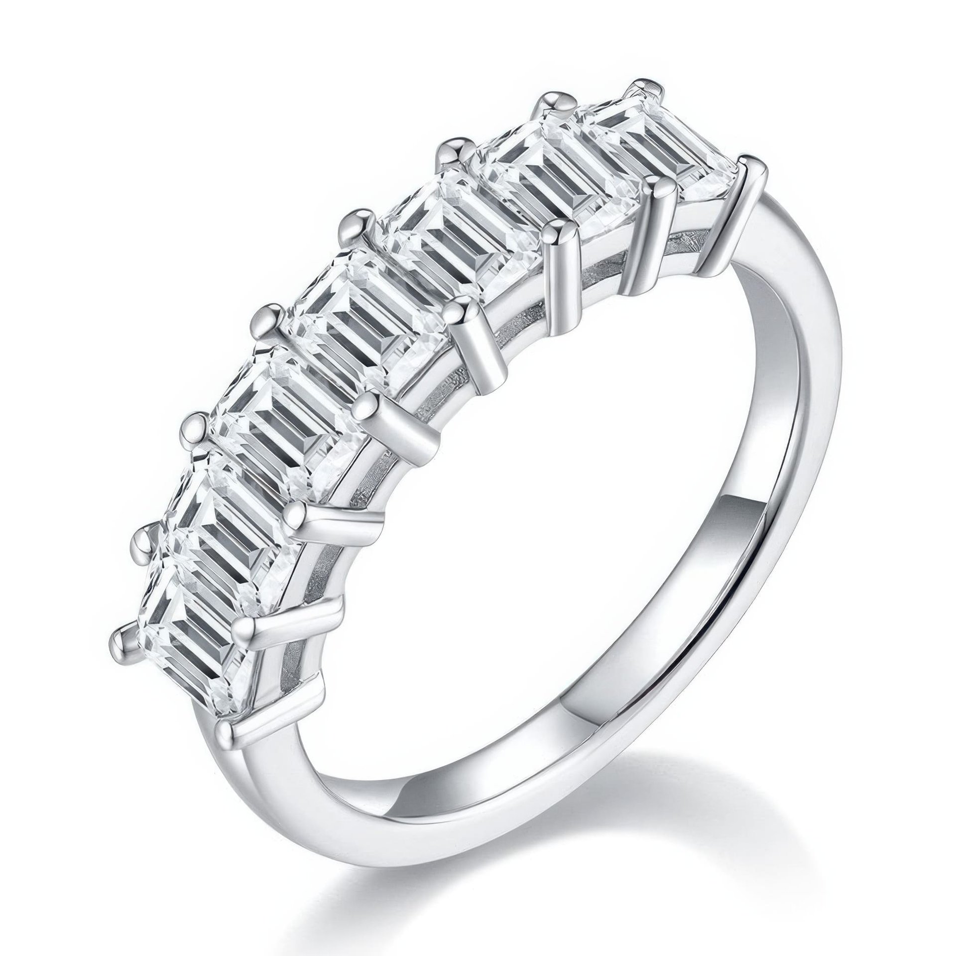 Emerald-Cut Moissanite Half-Eternity Band | 2.1ct DEW Seven-Stone 925 Sterling Silver Ring