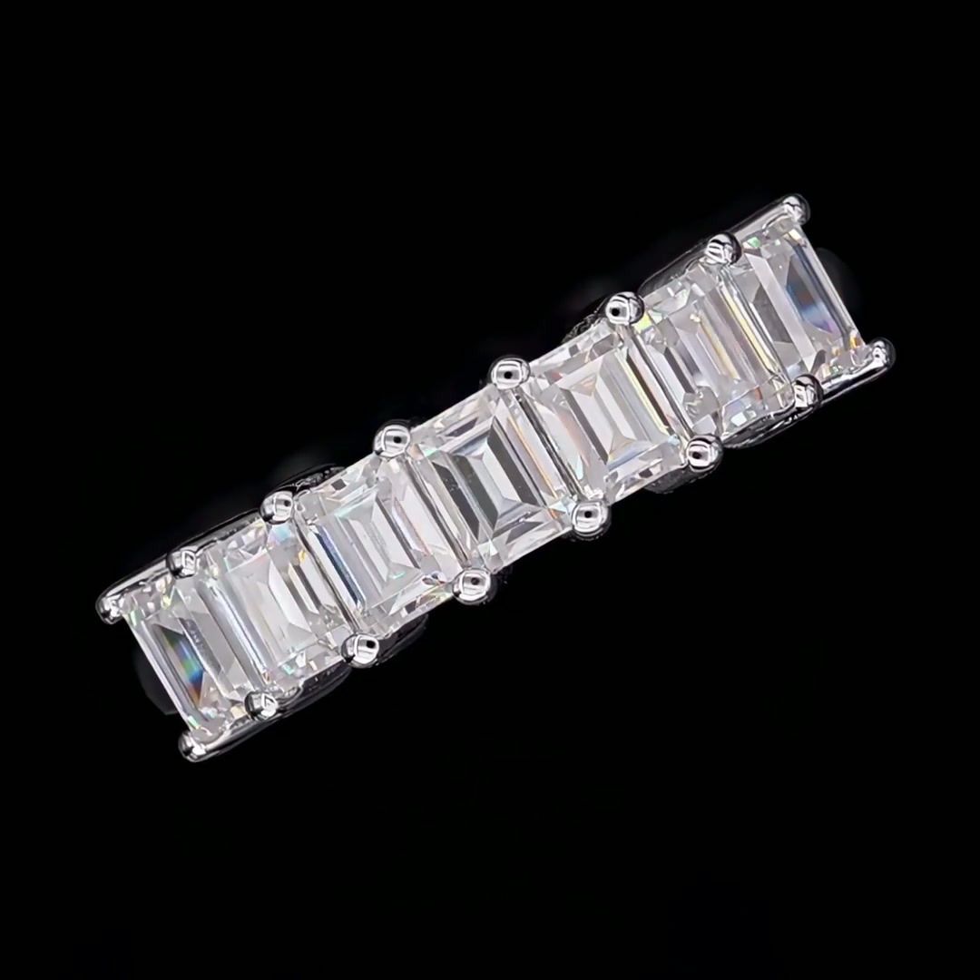 Emerald-Cut Moissanite Half-Eternity Band | 2.1ct DEW Seven-Stone 925 Sterling Silver Ring product video thumbnail