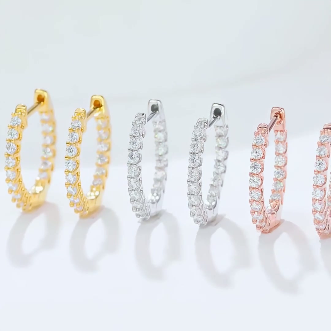 Vintage Moissanite Hoop Earrings | Round-Cut Single Row | White, Yellow & Rose Gold product video thumbnail