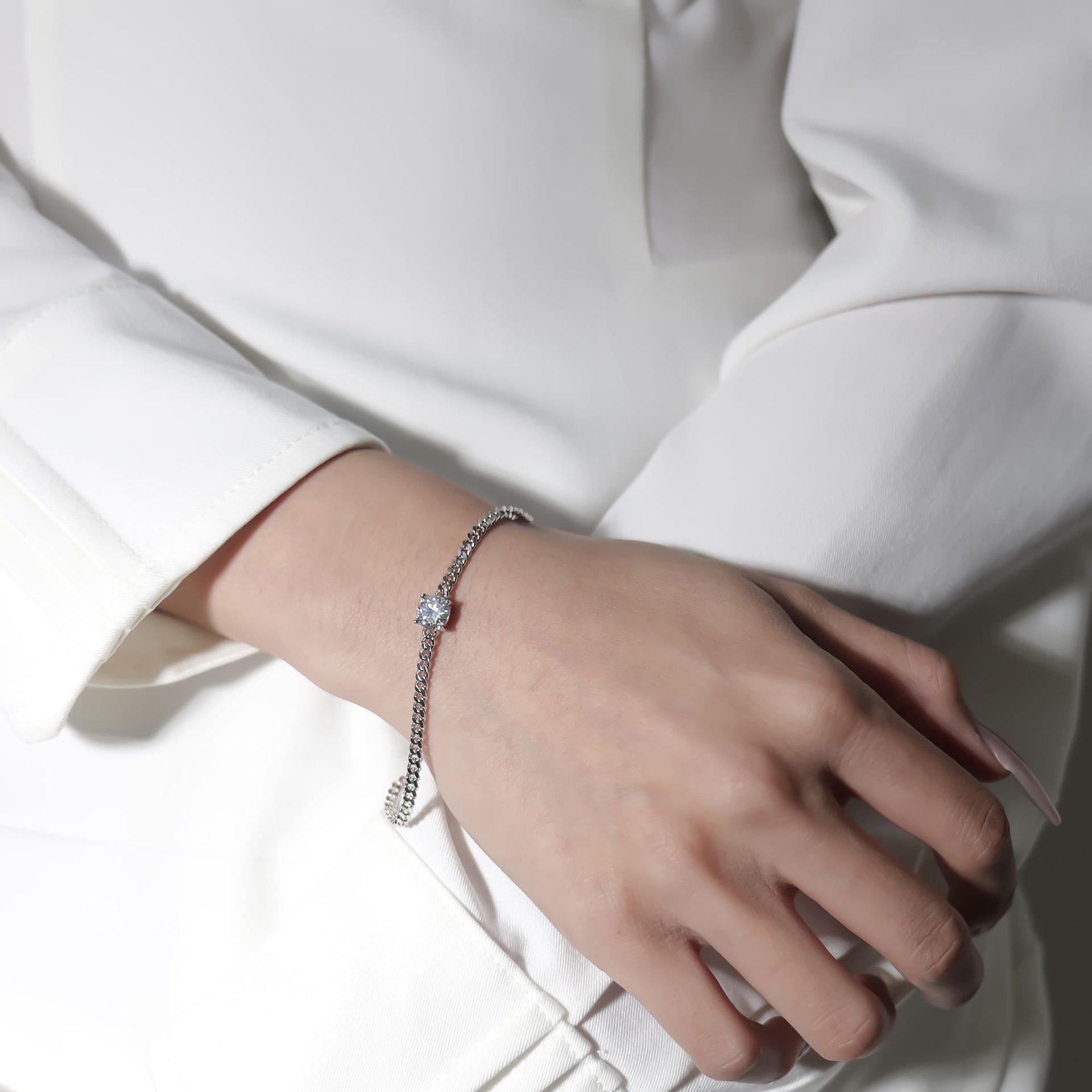 7mm Moissanite Cuban Link Chain Bracelet | Round Solitaire | 925 White Gold Plated Silver - alternate view