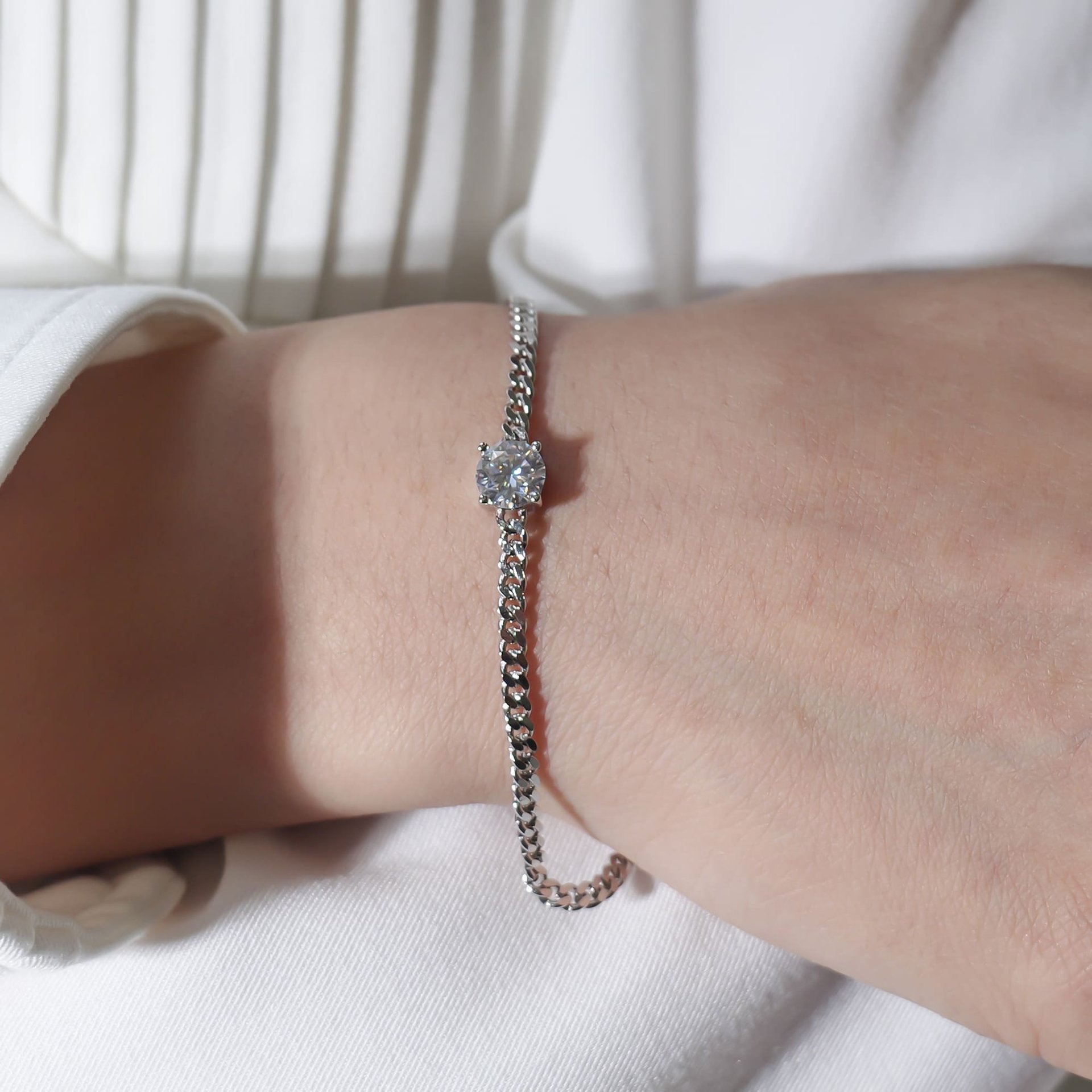 7mm Moissanite Cuban Link Chain Bracelet | Round Solitaire | 925 White Gold Plated Silver - Image 3
