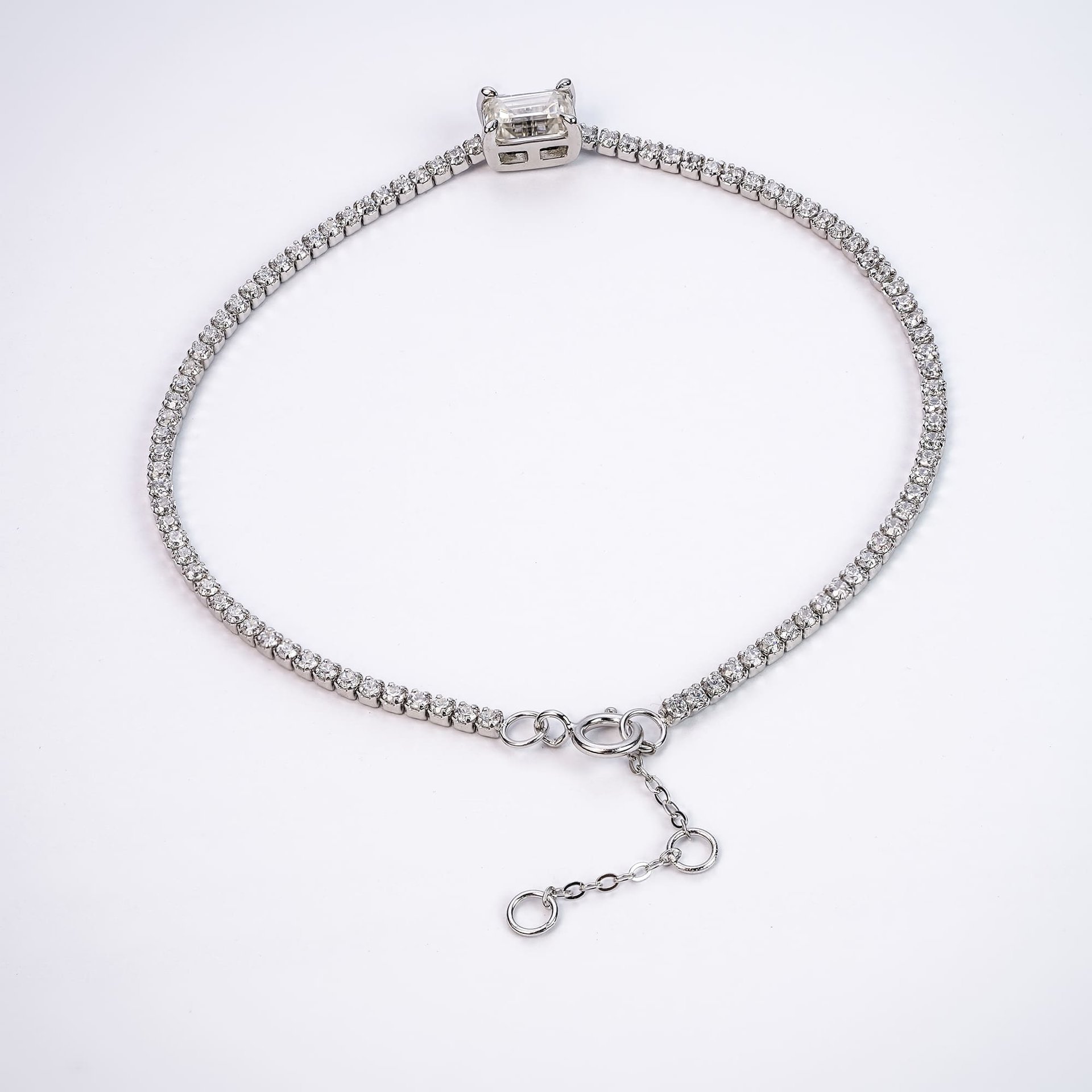 1.5mm Moissanite Tennis Bracelet | Emerald-Cut Center Stone in 925 Sterling Silver - Image 5