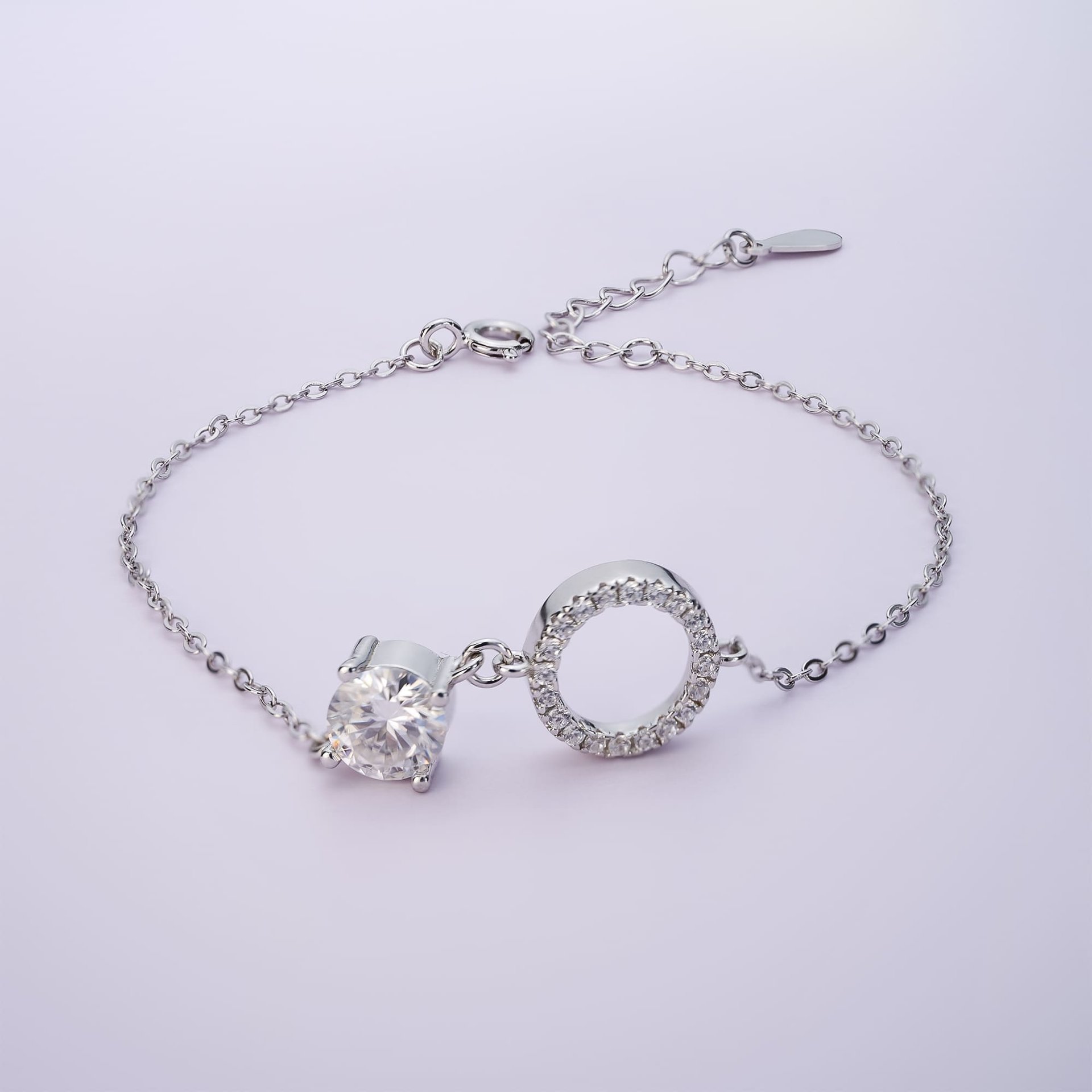 1ct Moissanite Charm Bracelet | Round Solitaire & Pave Circle | 925 Sterling Silver, White Gold Plated