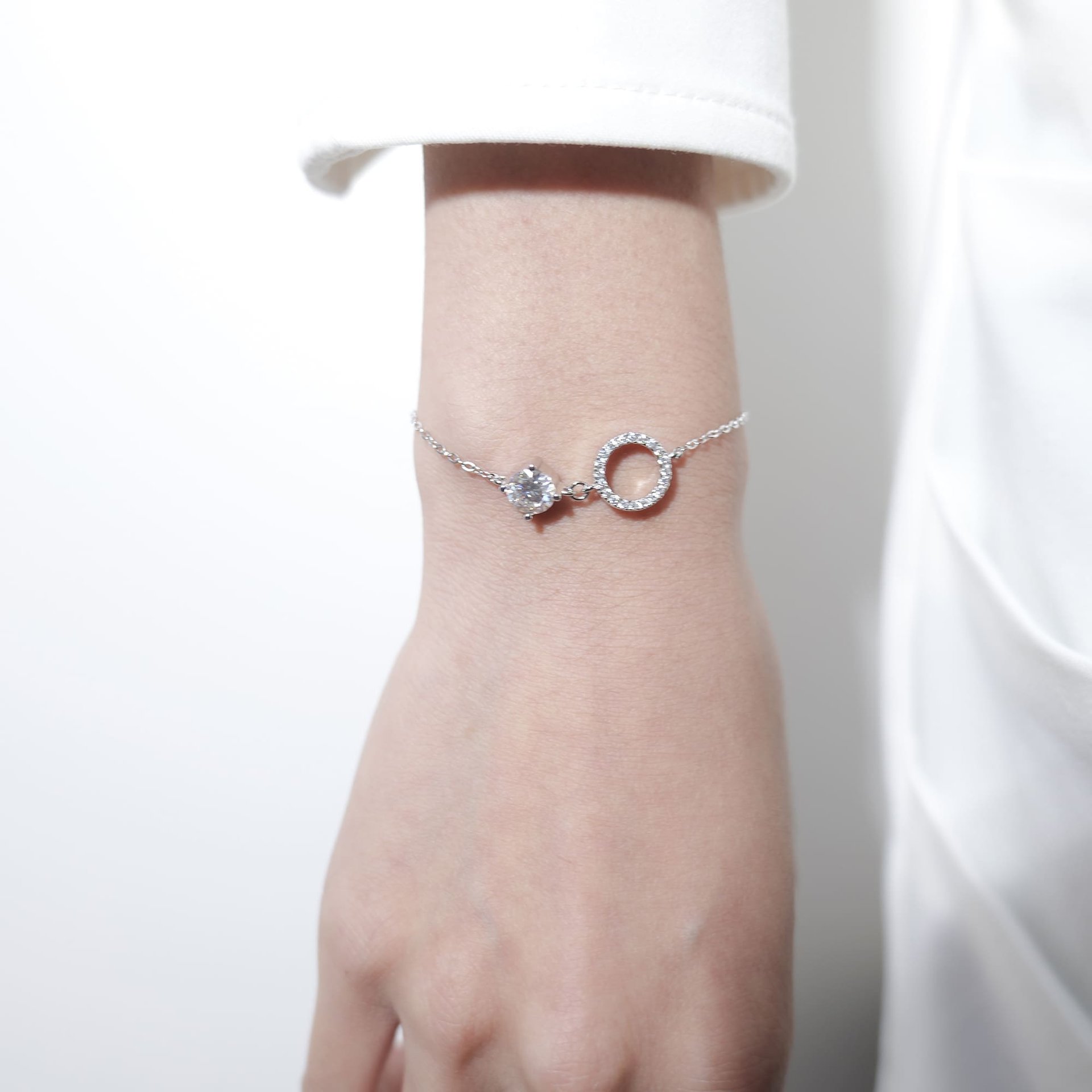 1ct Moissanite Charm Bracelet | Round Solitaire & Pave Circle | 925 Sterling Silver, White Gold Plated - Image 2
