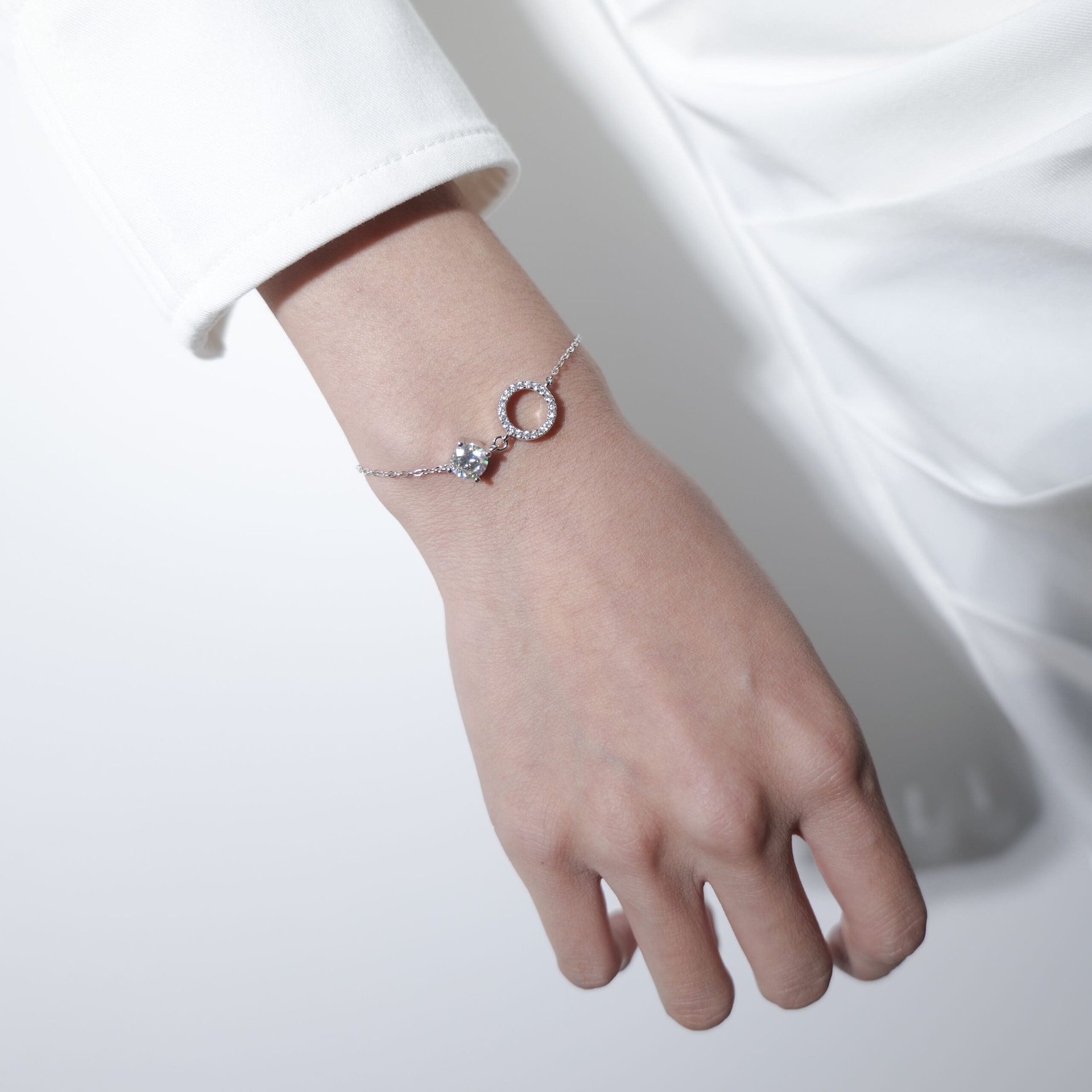 1ct Moissanite Charm Bracelet | Round Solitaire & Pave Circle | 925 Sterling Silver, White Gold Plated - Image 3