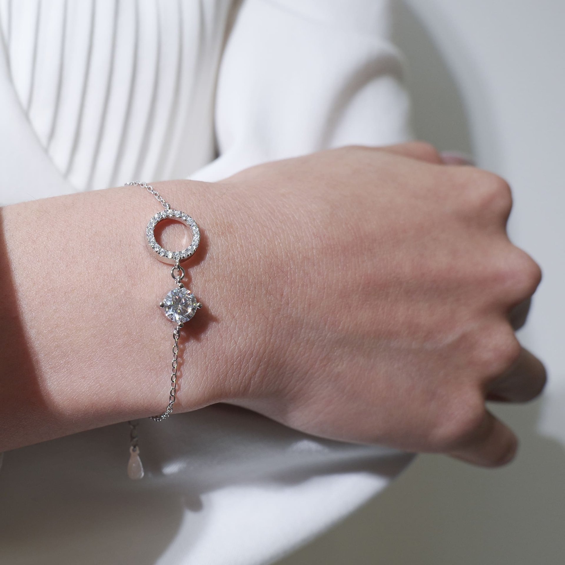 1ct Moissanite Charm Bracelet | Round Solitaire & Pave Circle | 925 Sterling Silver, White Gold Plated - Image 4