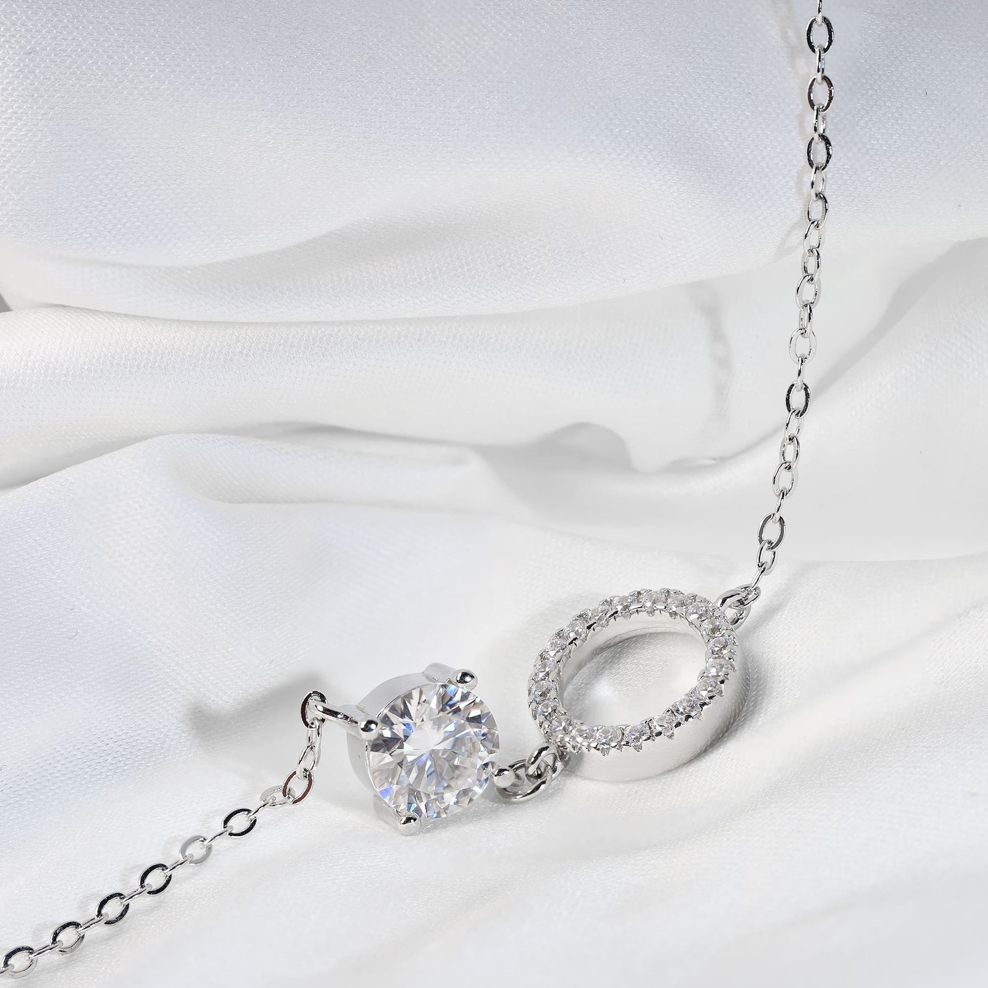 1ct Moissanite Charm Bracelet | Round Solitaire & Pave Circle | 925 Sterling Silver, White Gold Plated - Image 5