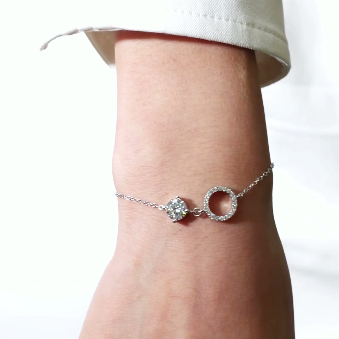 1ct Moissanite Charm Bracelet | Round Solitaire & Pave Circle | 925 Sterling Silver, White Gold Plated product video thumbnail