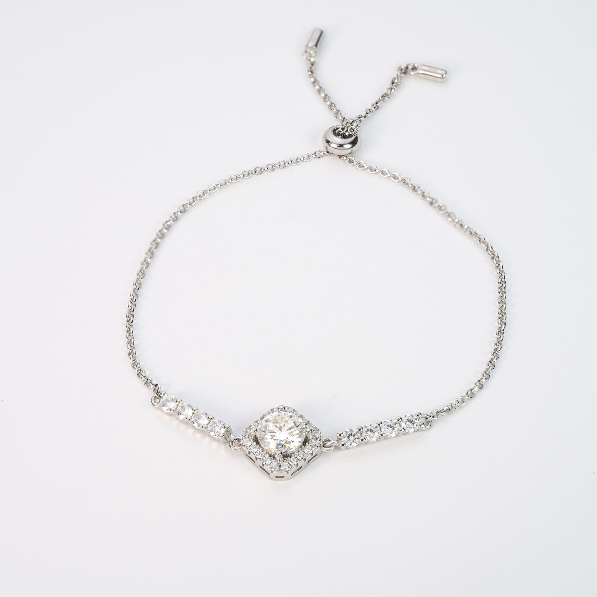 1ct Moissanite Bolo Bracelet | Round Halo, White Gold Plated 925 Silver | Adjustable Slider