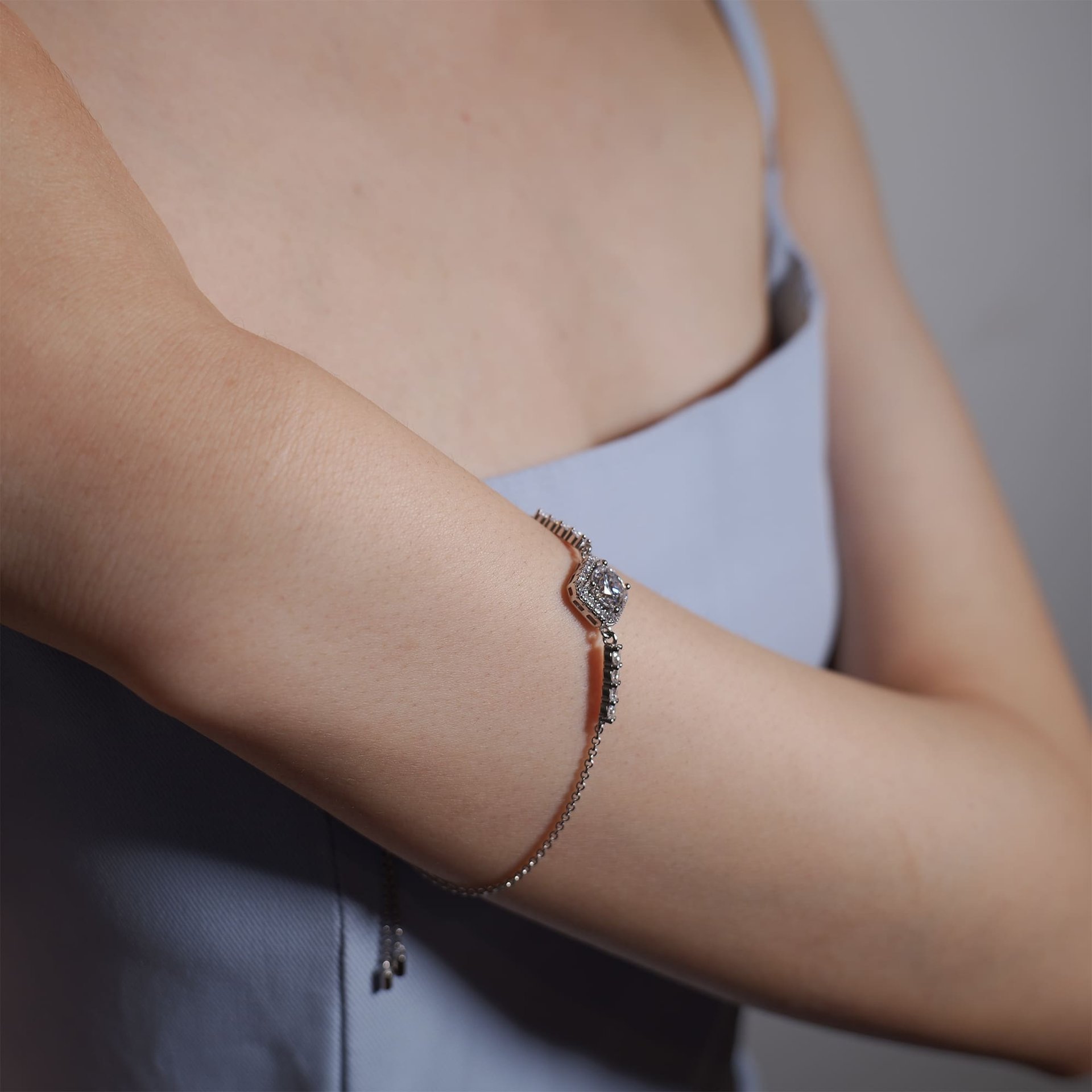 1ct Moissanite Bolo Bracelet | Round Halo, White Gold Plated 925 Silver | Adjustable Slider - Image 2