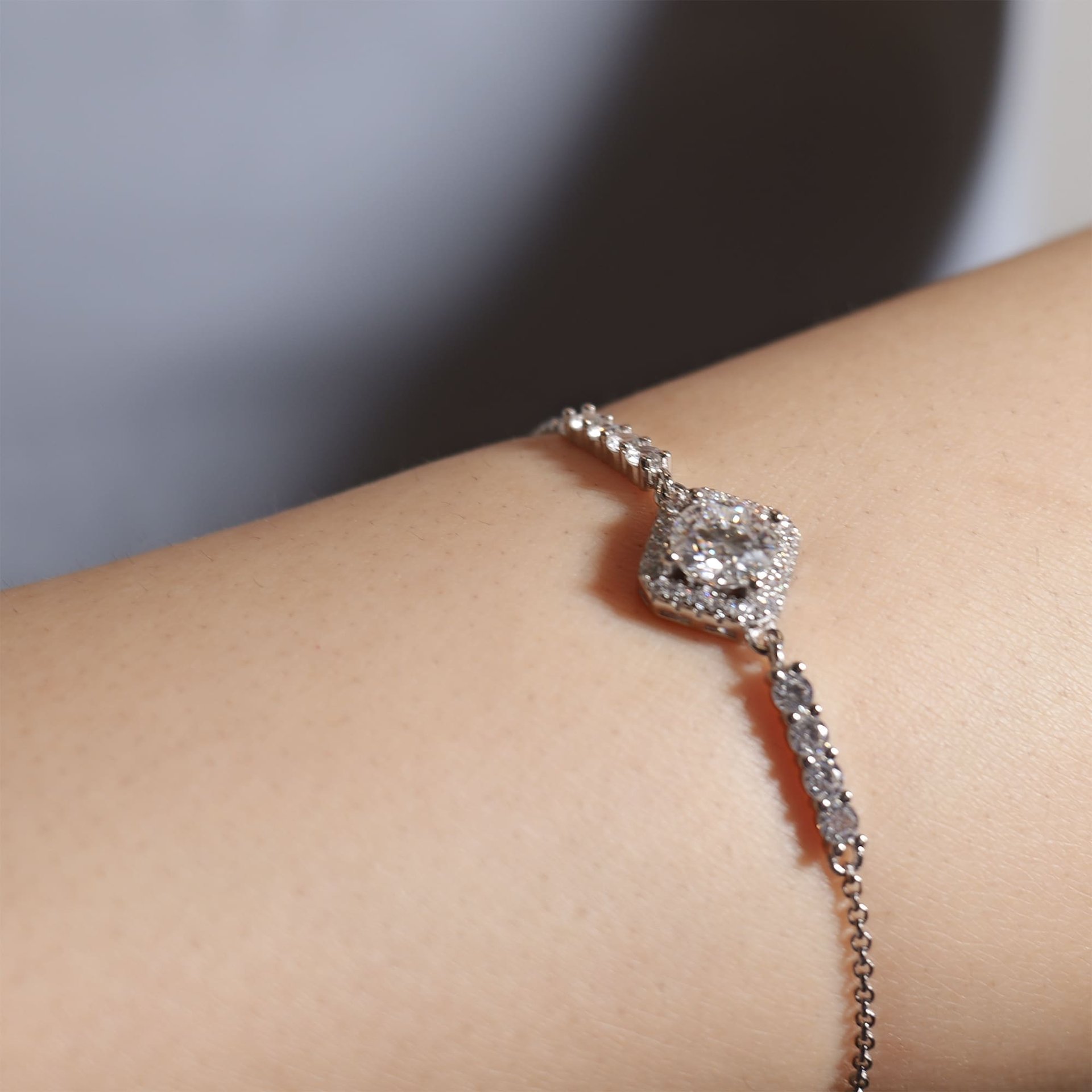1ct Moissanite Bolo Bracelet | Round Halo, White Gold Plated 925 Silver | Adjustable Slider - Image 3
