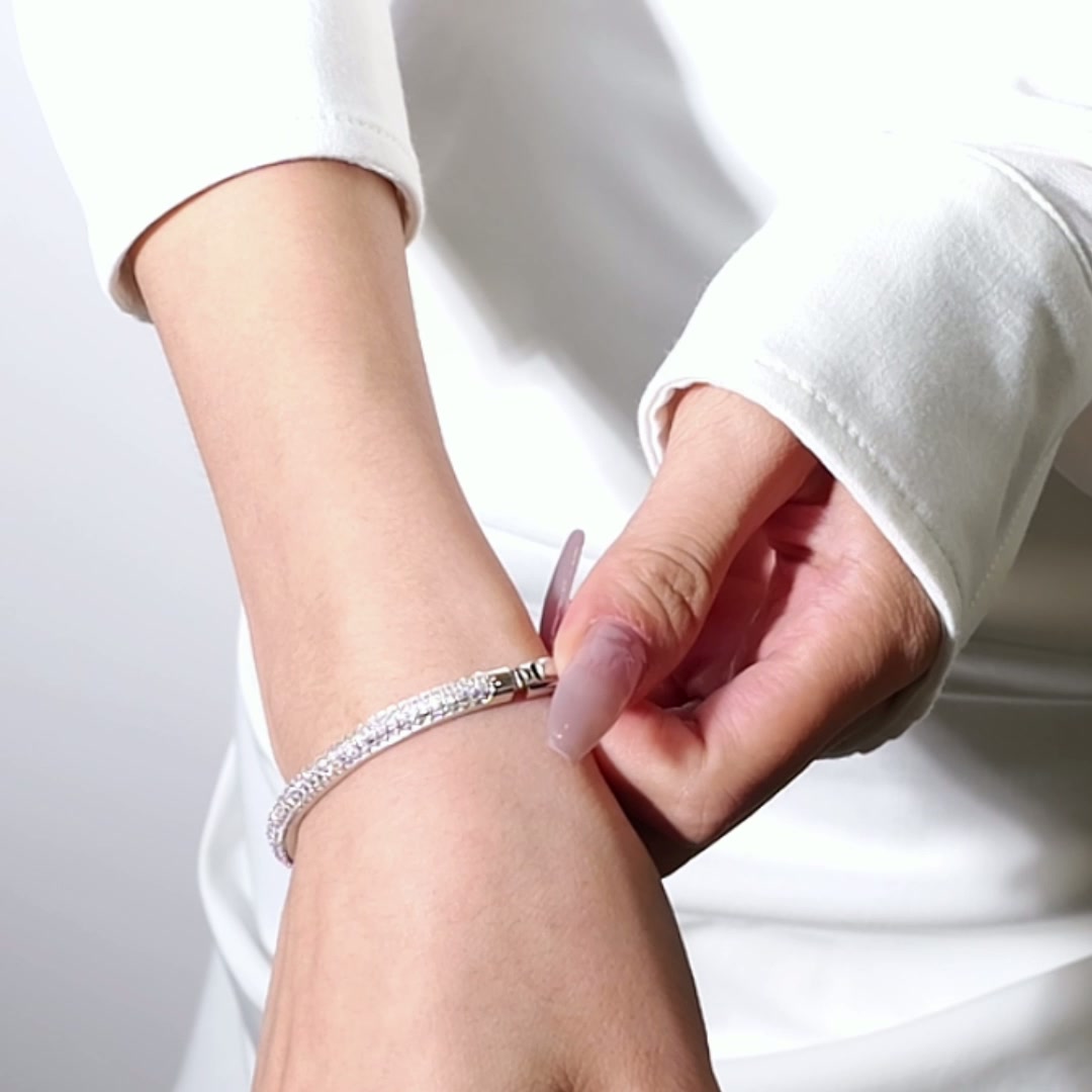 Pavé Moissanite Bangle Bracelet | 2.25ctw Round-Cut | 925 Sterling Silver, White-Plated product video thumbnail