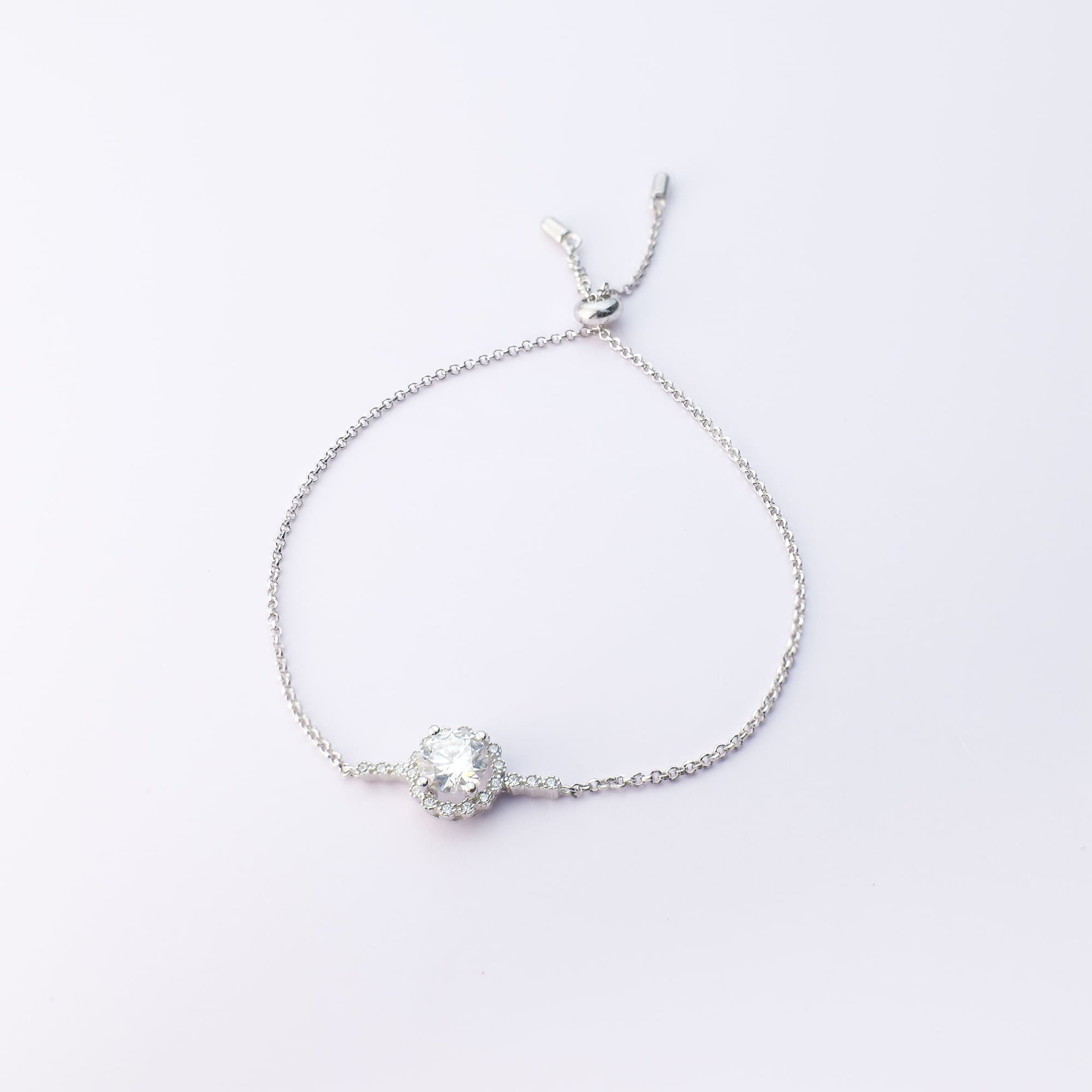 1ct Moissanite Bolo Bracelet | Round Halo Center on Adjustable Rolo Chain | 925 Sterling Silver