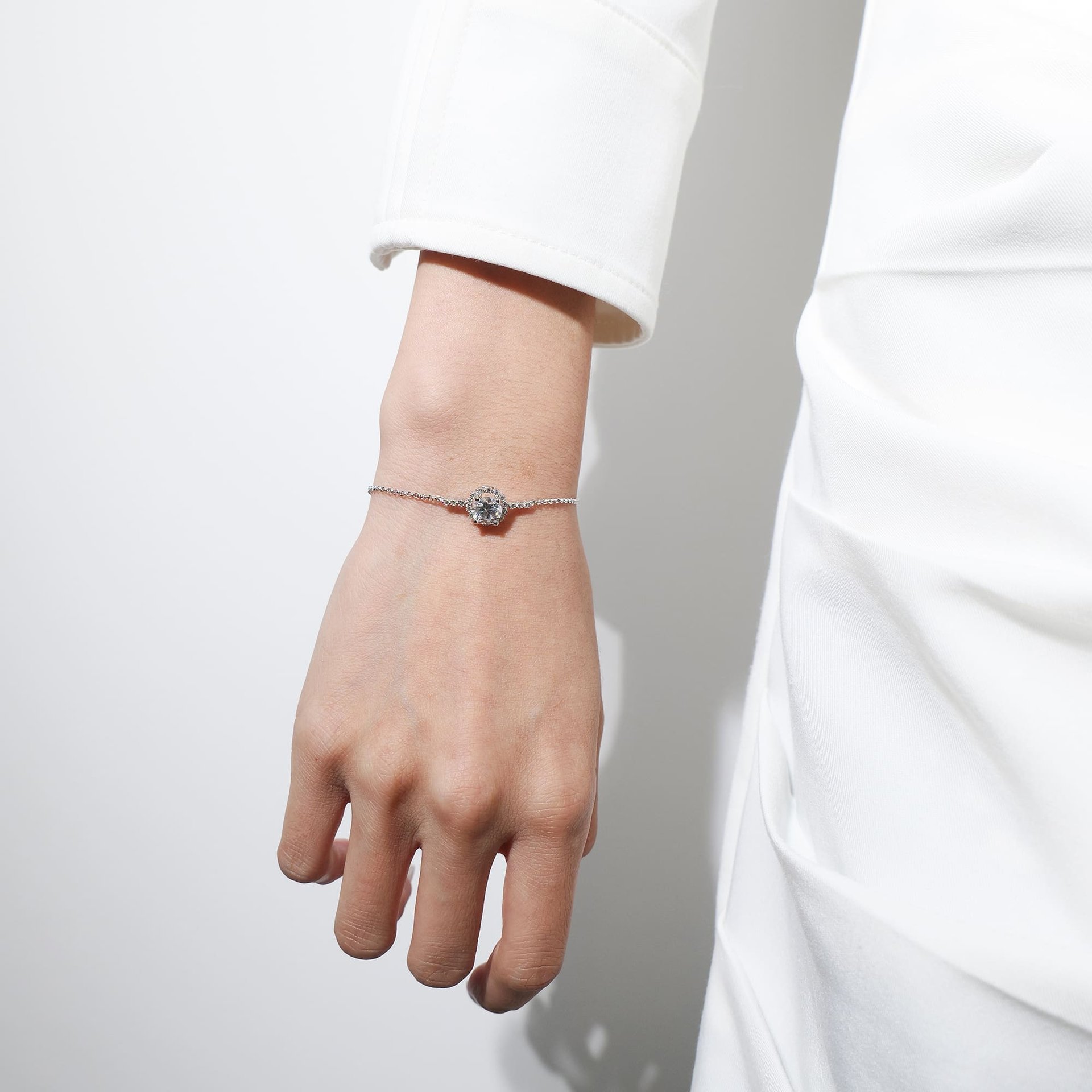 1ct Moissanite Bolo Bracelet | Round Halo Center on Adjustable Rolo Chain | 925 Sterling Silver - Image 2
