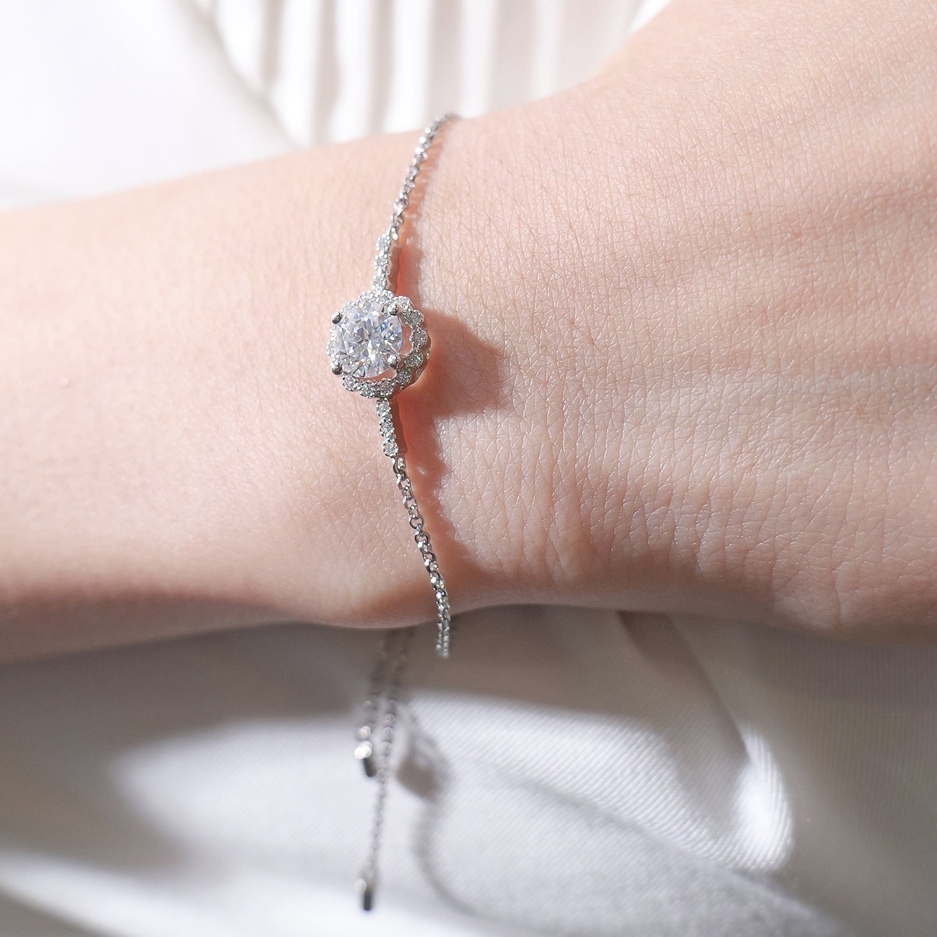 1ct Moissanite Bolo Bracelet | Round Halo Center on Adjustable Rolo Chain | 925 Sterling Silver - Image 3