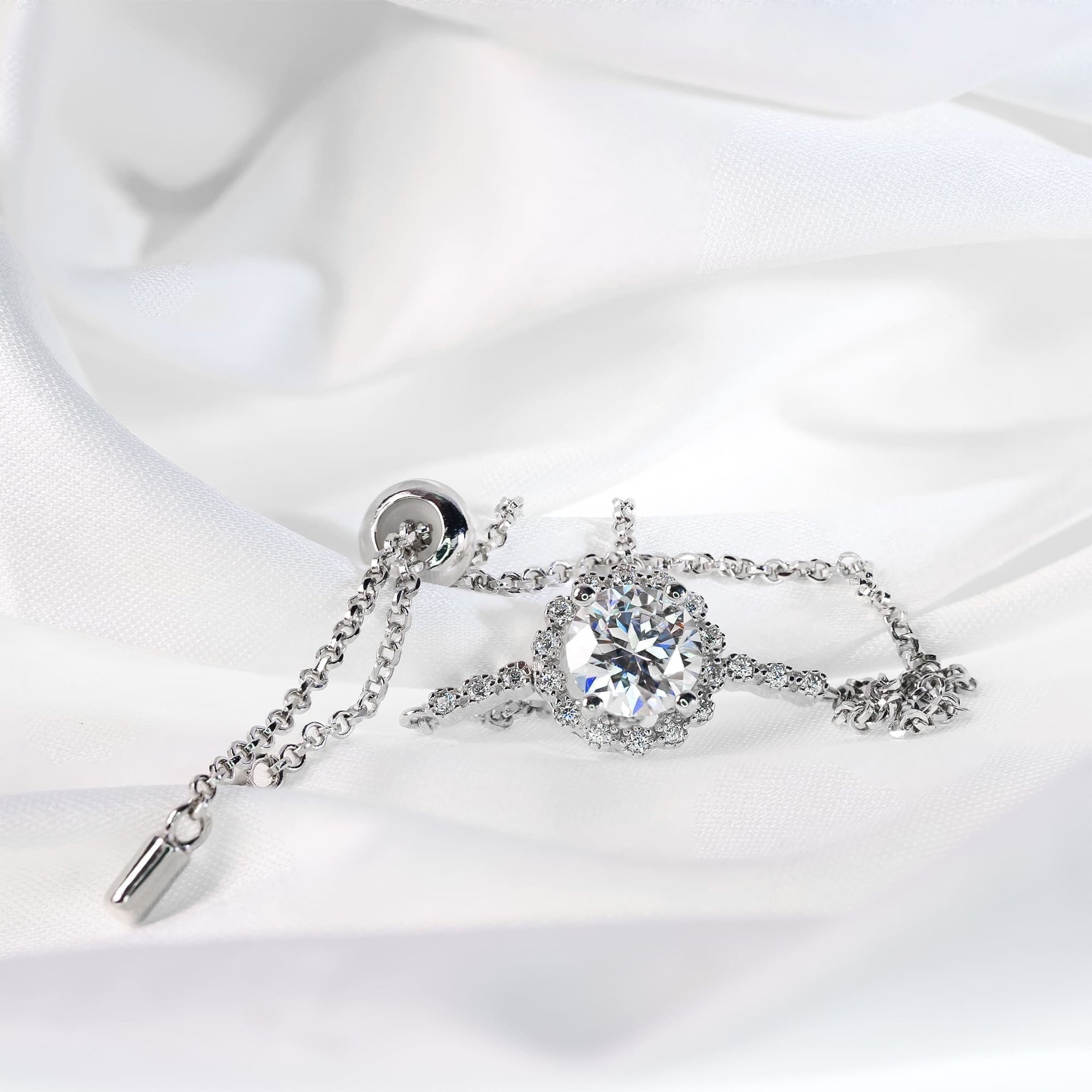 1ct Moissanite Bolo Bracelet | Round Halo Center on Adjustable Rolo Chain | 925 Sterling Silver - Image 4