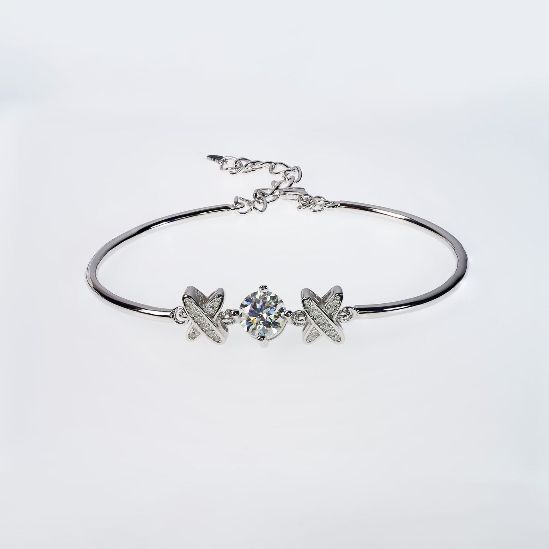 1ct Moissanite XO Bracelet | Round-Cut Center, Pave X Stations | 925 Sterling Silver, Rhodium-Plated