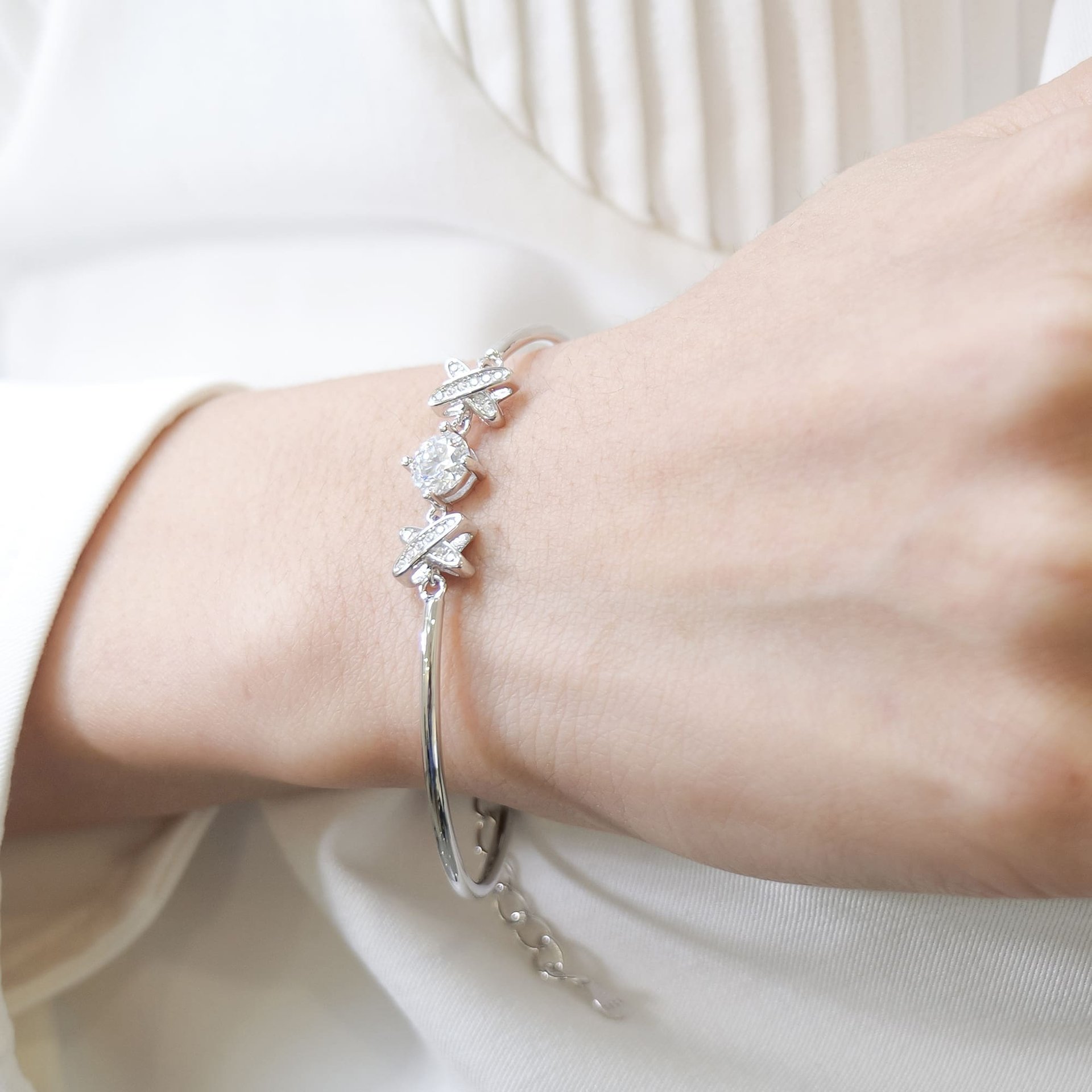 1ct Moissanite XO Bracelet | Round-Cut Center, Pave X Stations | 925 Sterling Silver, Rhodium-Plated - alternate view