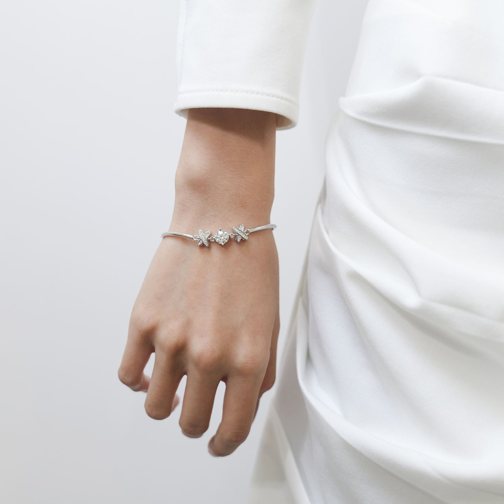 1ct Moissanite XO Bracelet | Round-Cut Center, Pave X Stations | 925 Sterling Silver, Rhodium-Plated - Image 3