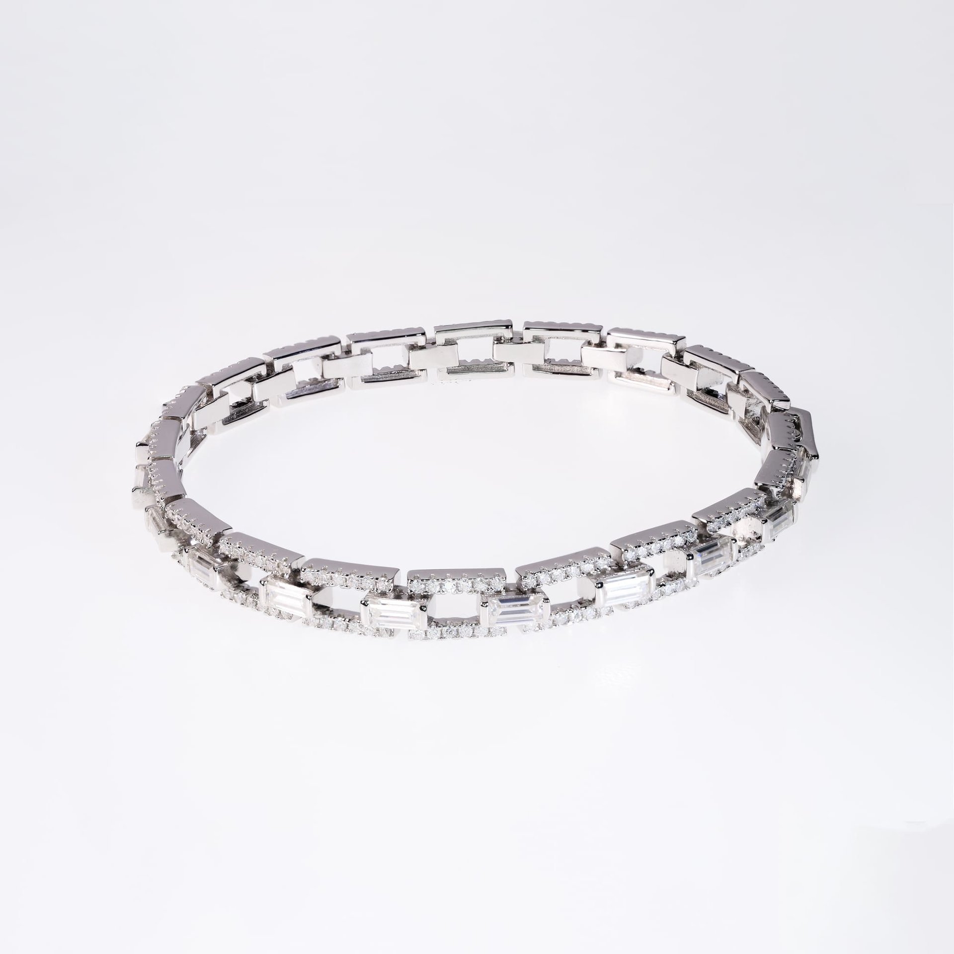 Emerald-Cut Moissanite Link Bracelet | 3CTW Step-Cut Stones in Pave Links | 925 Silver White Gold Plated
