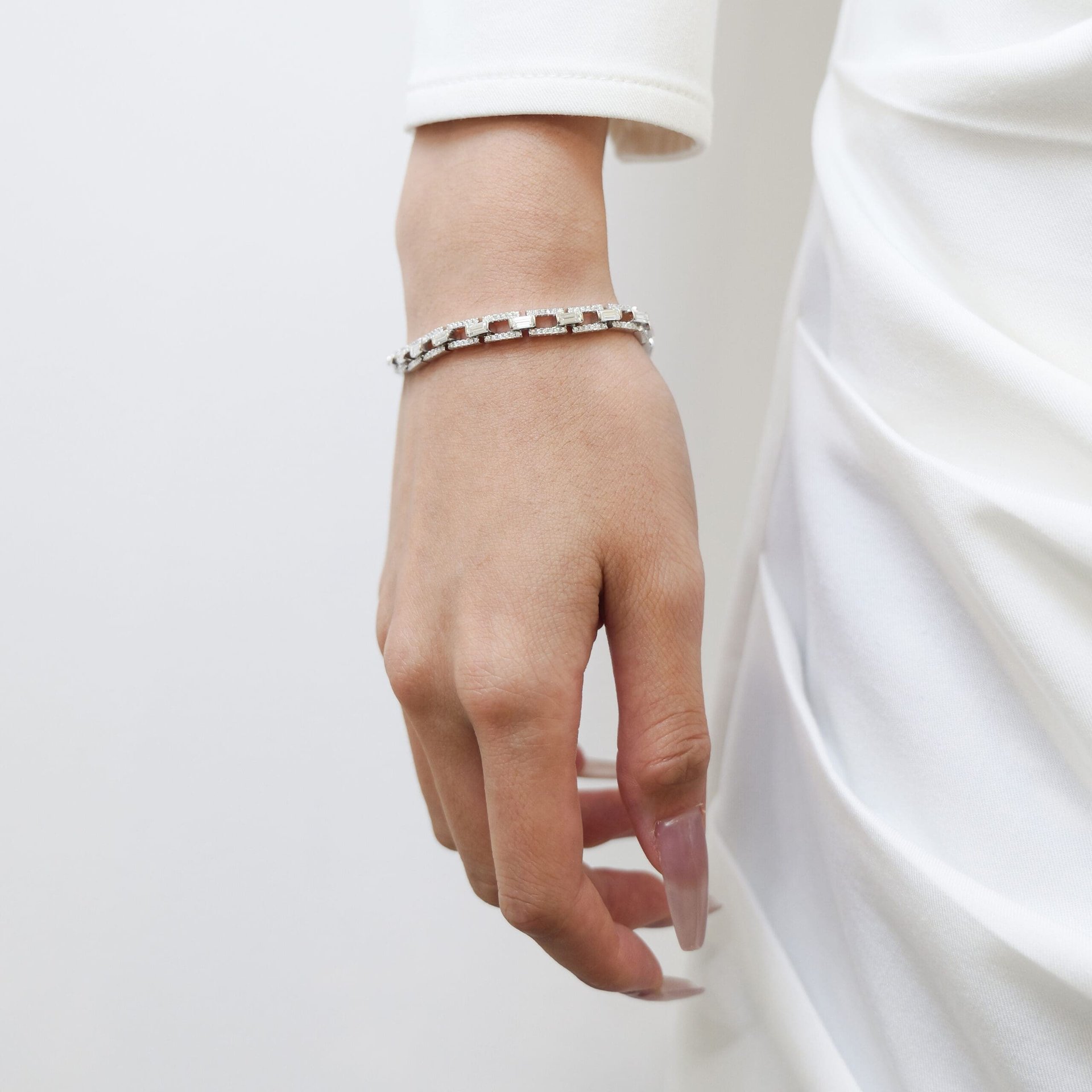Emerald-Cut Moissanite Link Bracelet | 3CTW Step-Cut Stones in Pave Links | 925 Silver White Gold Plated - Image 2