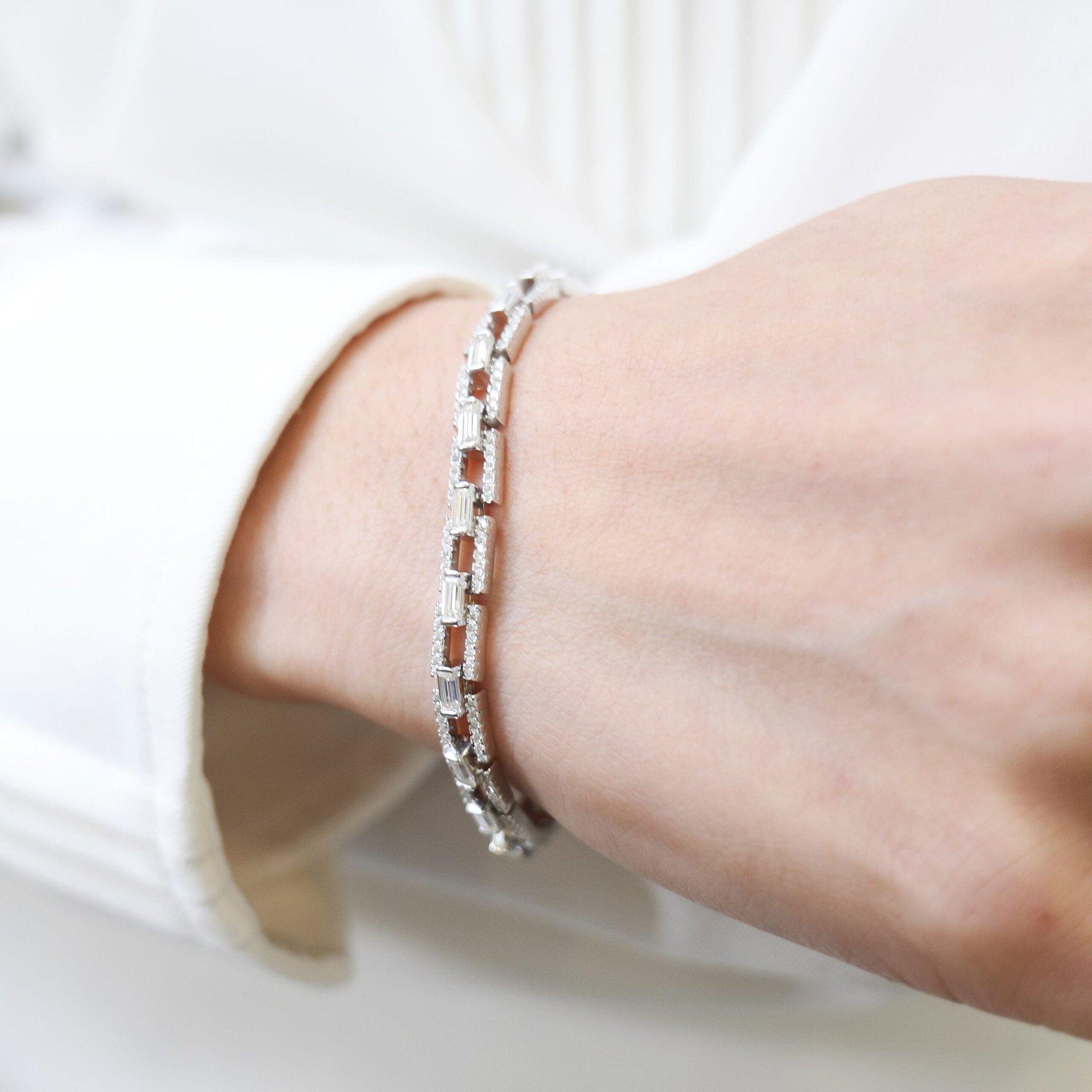 Emerald-Cut Moissanite Link Bracelet | 3CTW Step-Cut Stones in Pave Links | 925 Silver White Gold Plated - Image 3