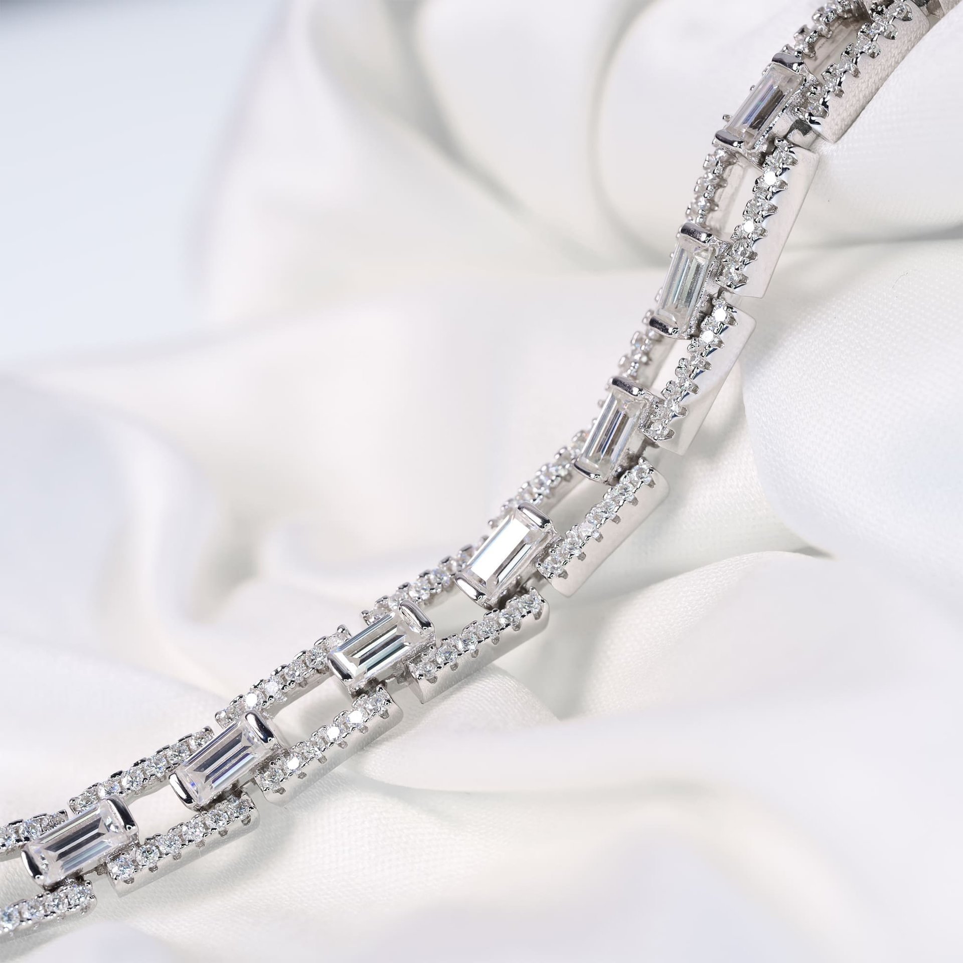 Emerald-Cut Moissanite Link Bracelet | 3CTW Step-Cut Stones in Pave Links | 925 Silver White Gold Plated - Image 4