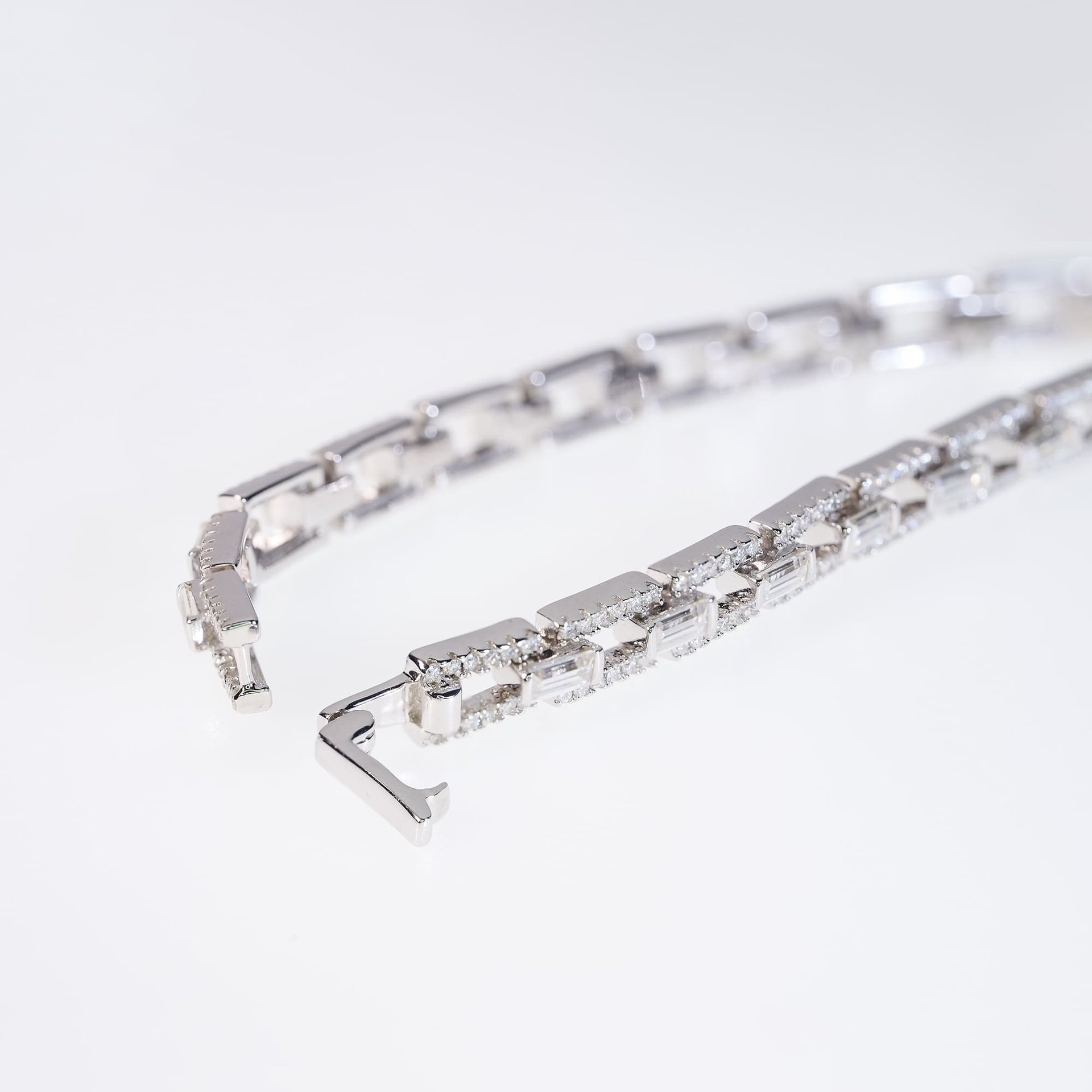 Emerald-Cut Moissanite Link Bracelet | 3CTW Step-Cut Stones in Pave Links | 925 Silver White Gold Plated - Image 5