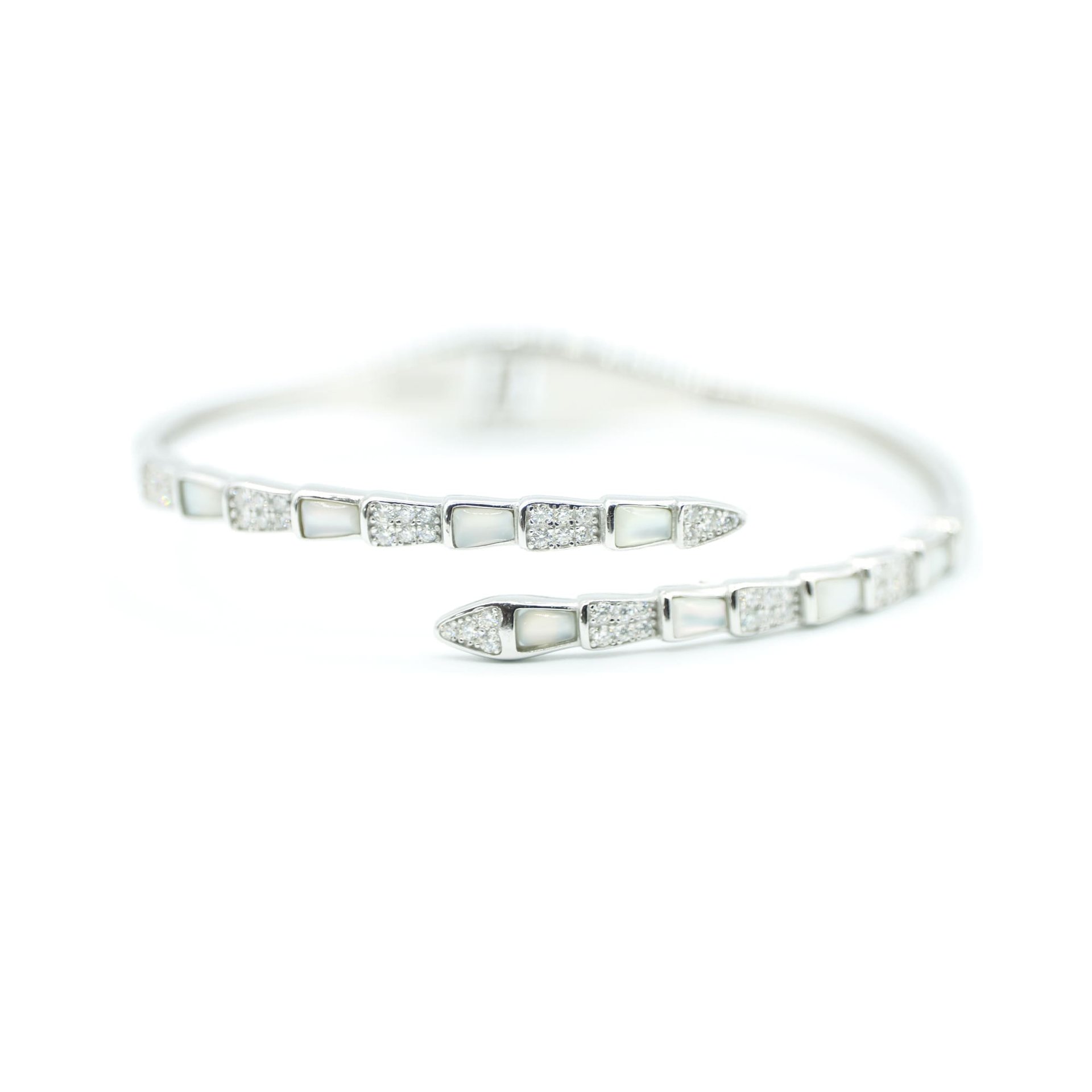 Serpentine Snake Moissanite Bypass Cuff Bracelet | Mother-of-Pearl Inlay | 925 Sterling Silver