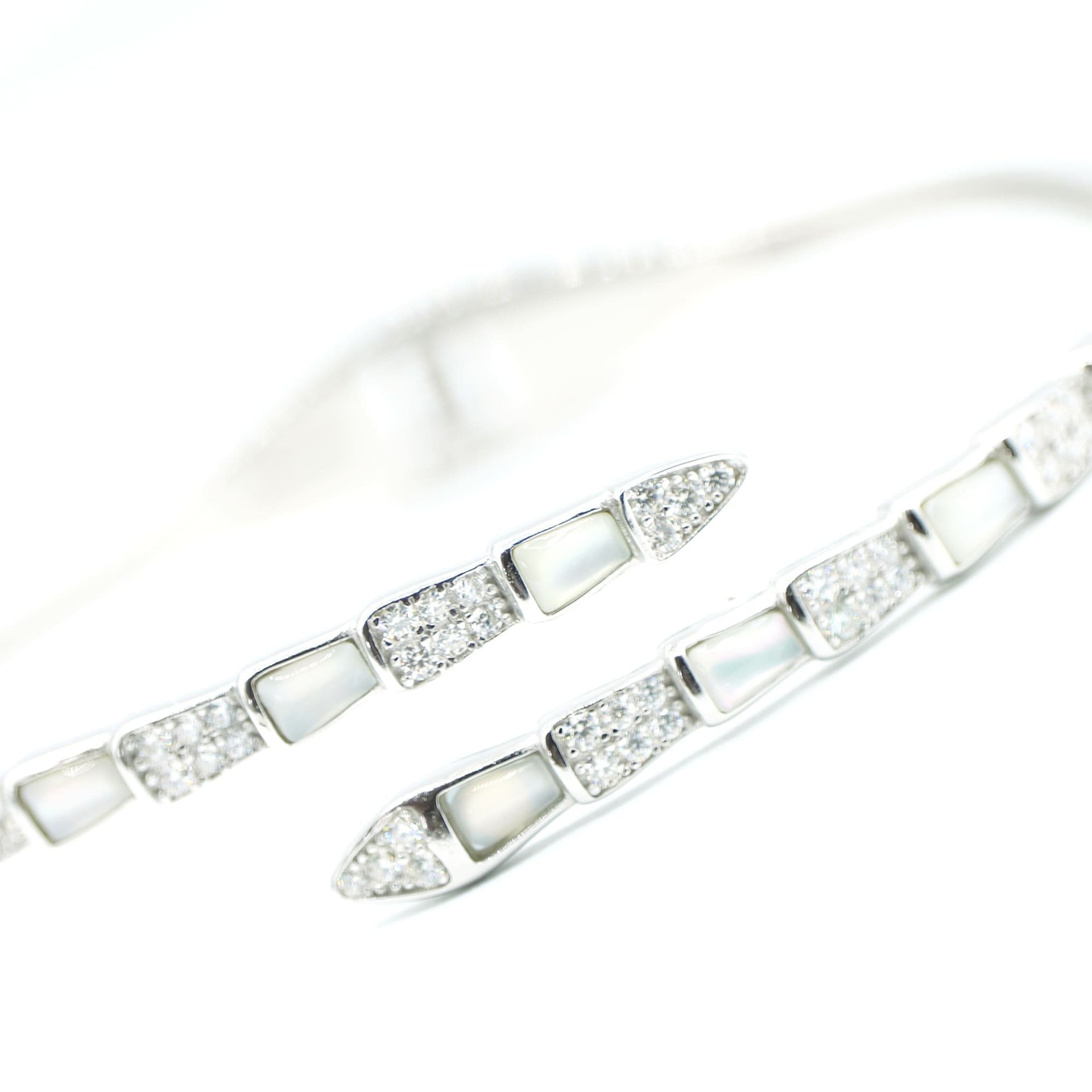 Serpentine Snake Moissanite Bypass Cuff Bracelet | Mother-of-Pearl Inlay | 925 Sterling Silver - Image 3