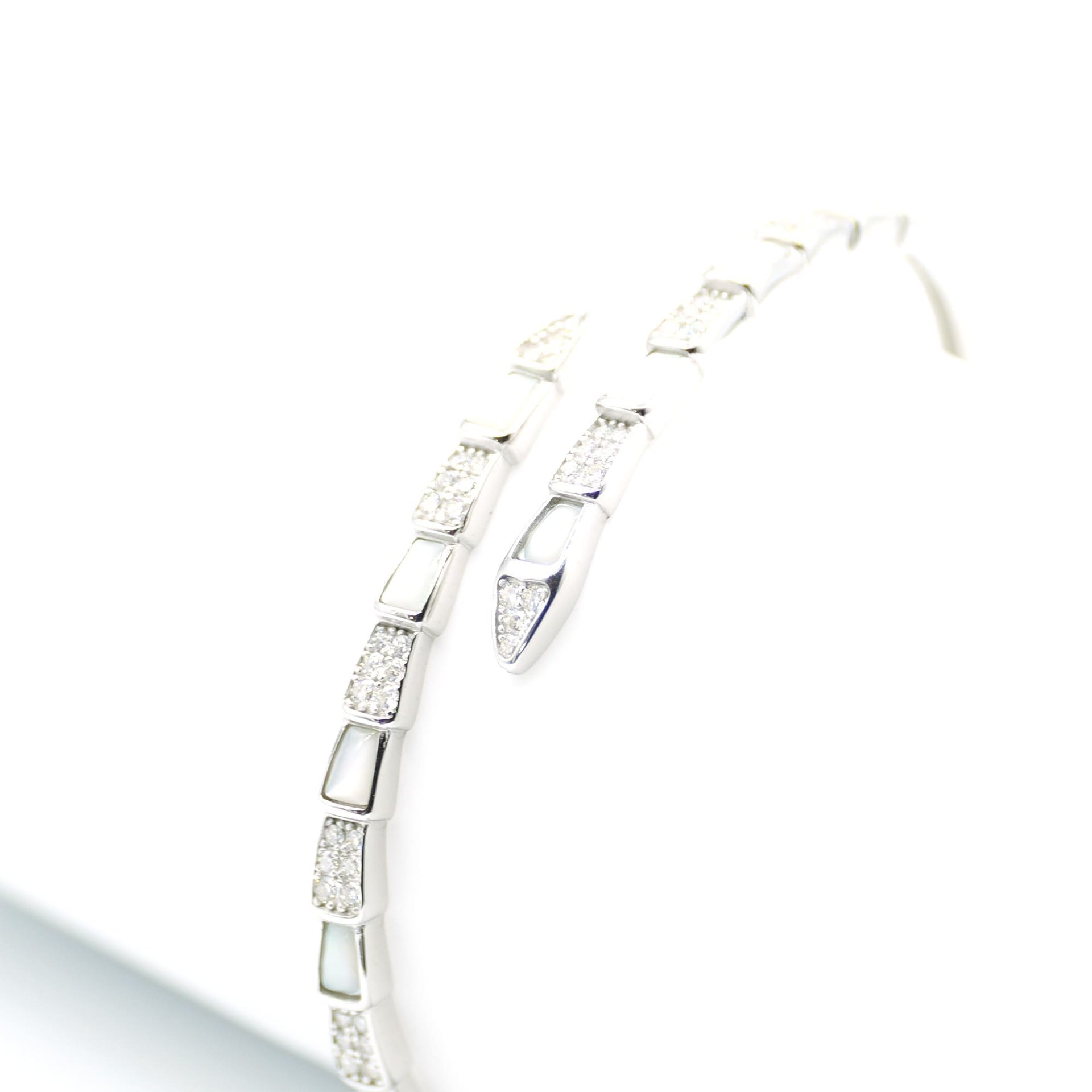 Serpentine Snake Moissanite Bypass Cuff Bracelet | Mother-of-Pearl Inlay | 925 Sterling Silver - Image 4