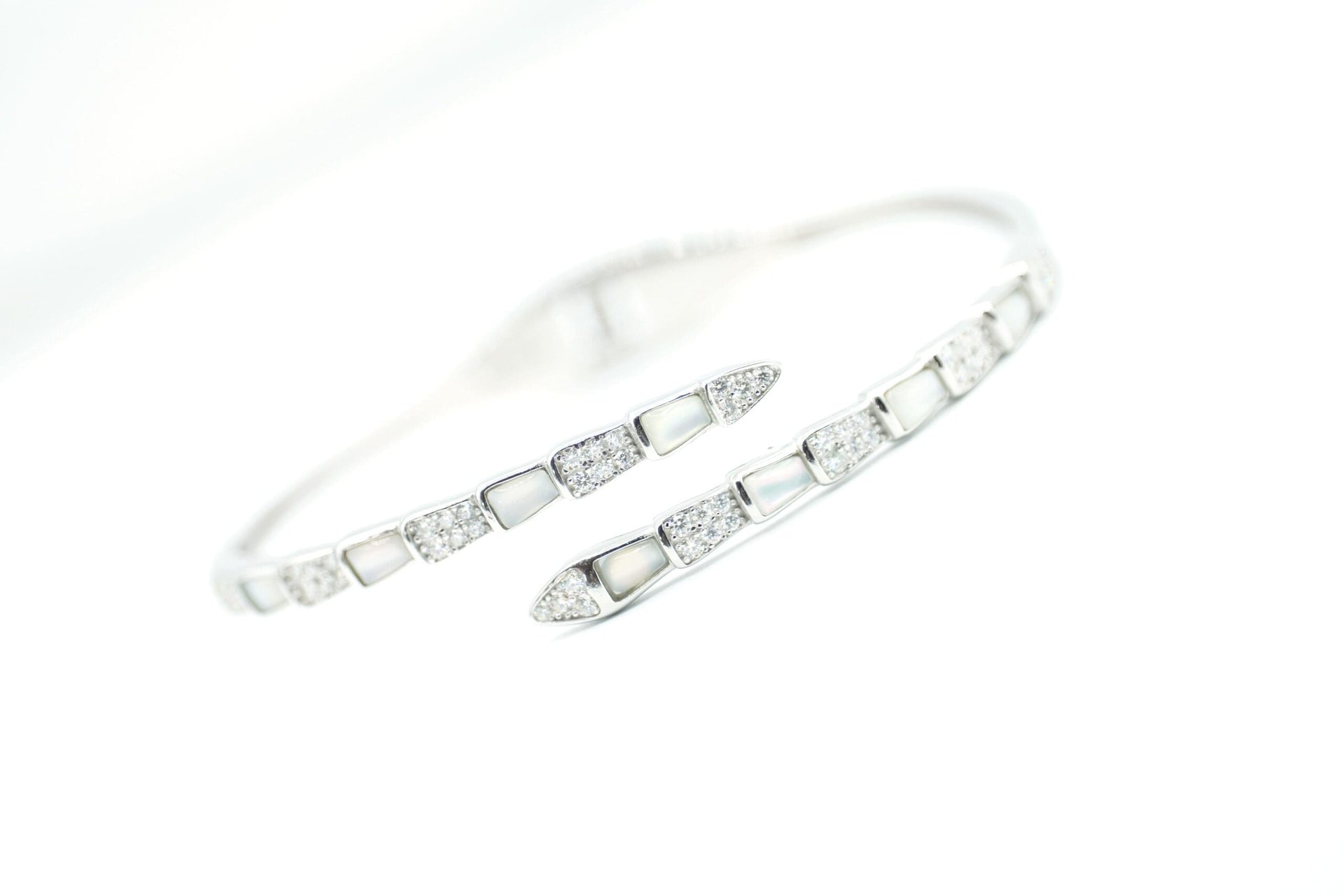 Serpentine Snake Moissanite Bypass Cuff Bracelet | Mother-of-Pearl Inlay | 925 Sterling Silver - Image 7