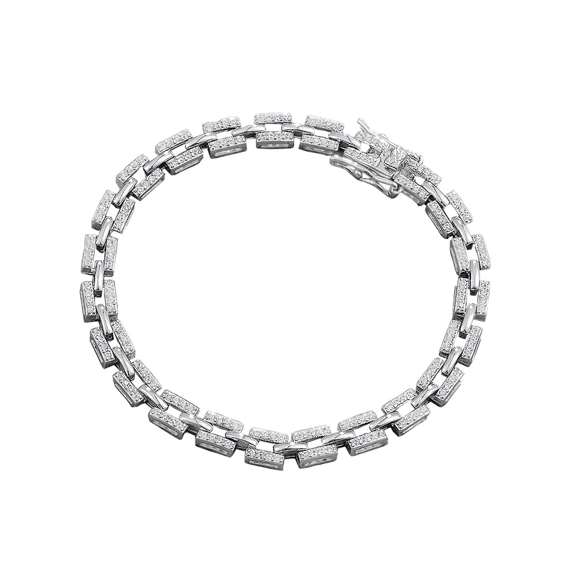 4mm Moissanite Pavé Flat Link Bracelet | White Gold-Plated 925 Sterling Silver | Box-Clasp