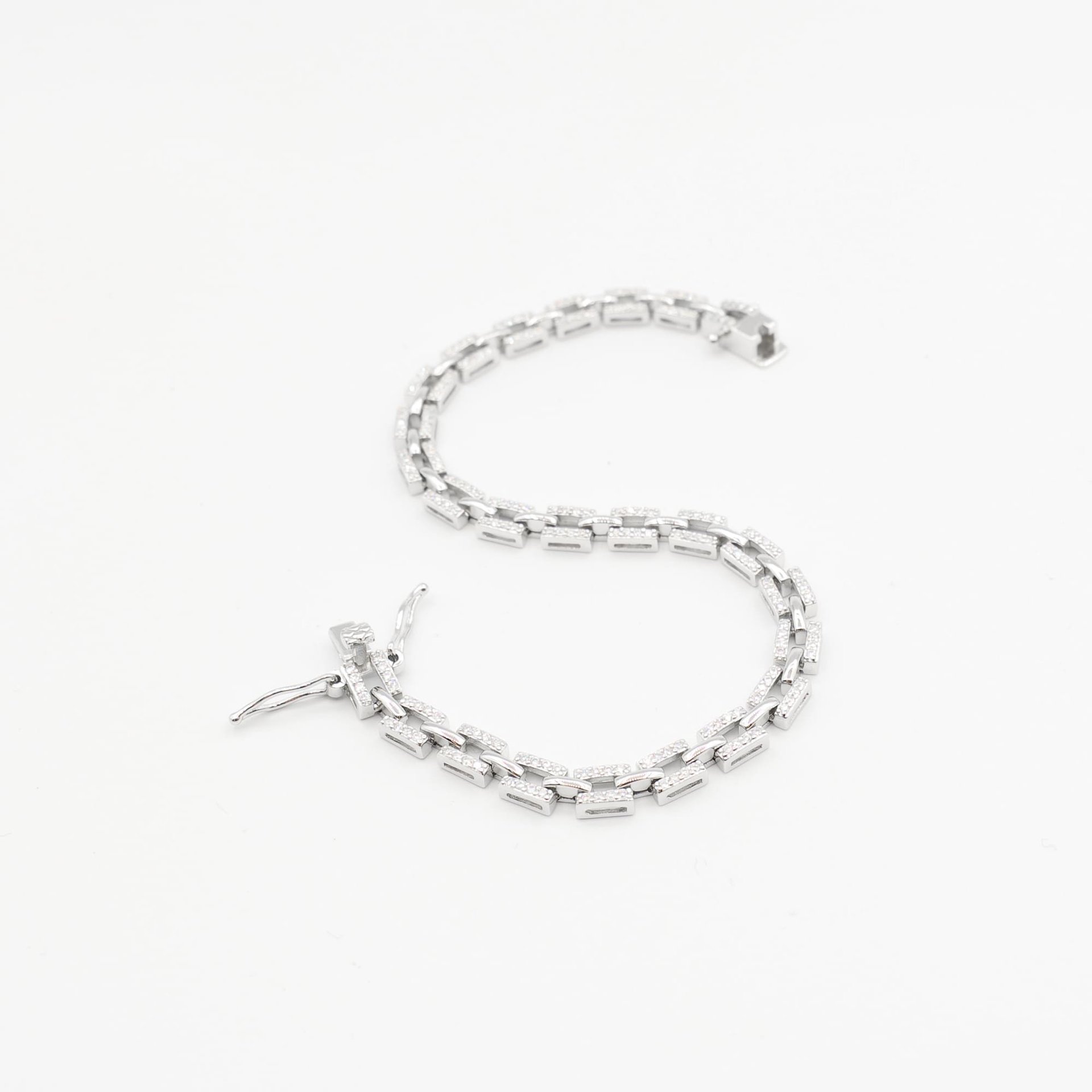 4mm Moissanite Pavé Flat Link Bracelet | White Gold-Plated 925 Sterling Silver | Box-Clasp - Image 3