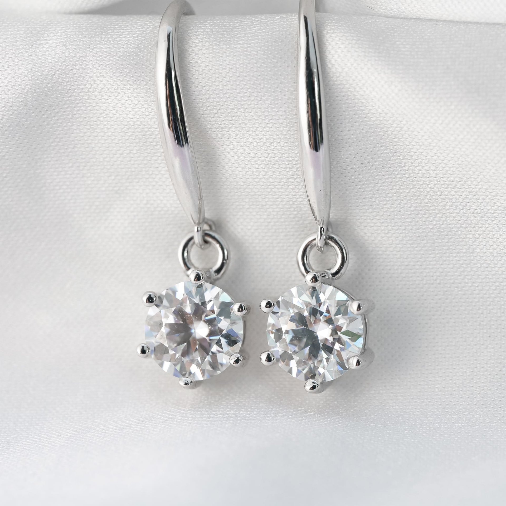 Round Brilliant Moissanite Drop Earrings | 6-Prong Solitaire, 925 Sterling Silver Lever-Back